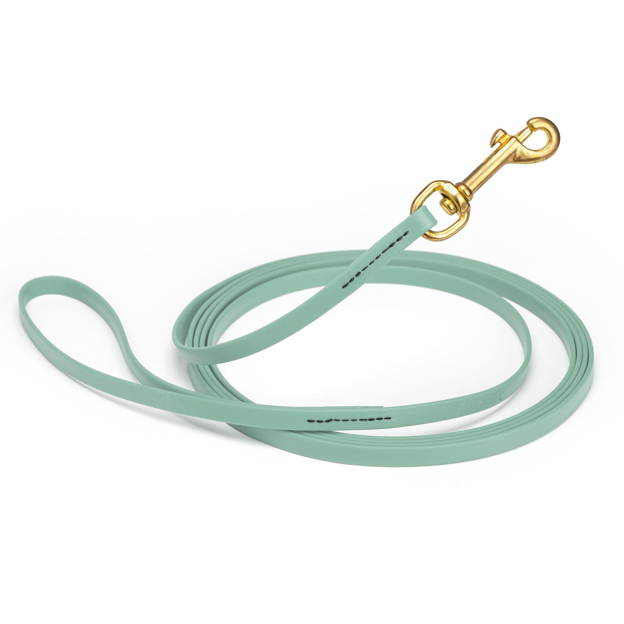 Sage Green waterproof dog collar with brass hardware, 3/8 inch width, 15 feet length, made from Biothane