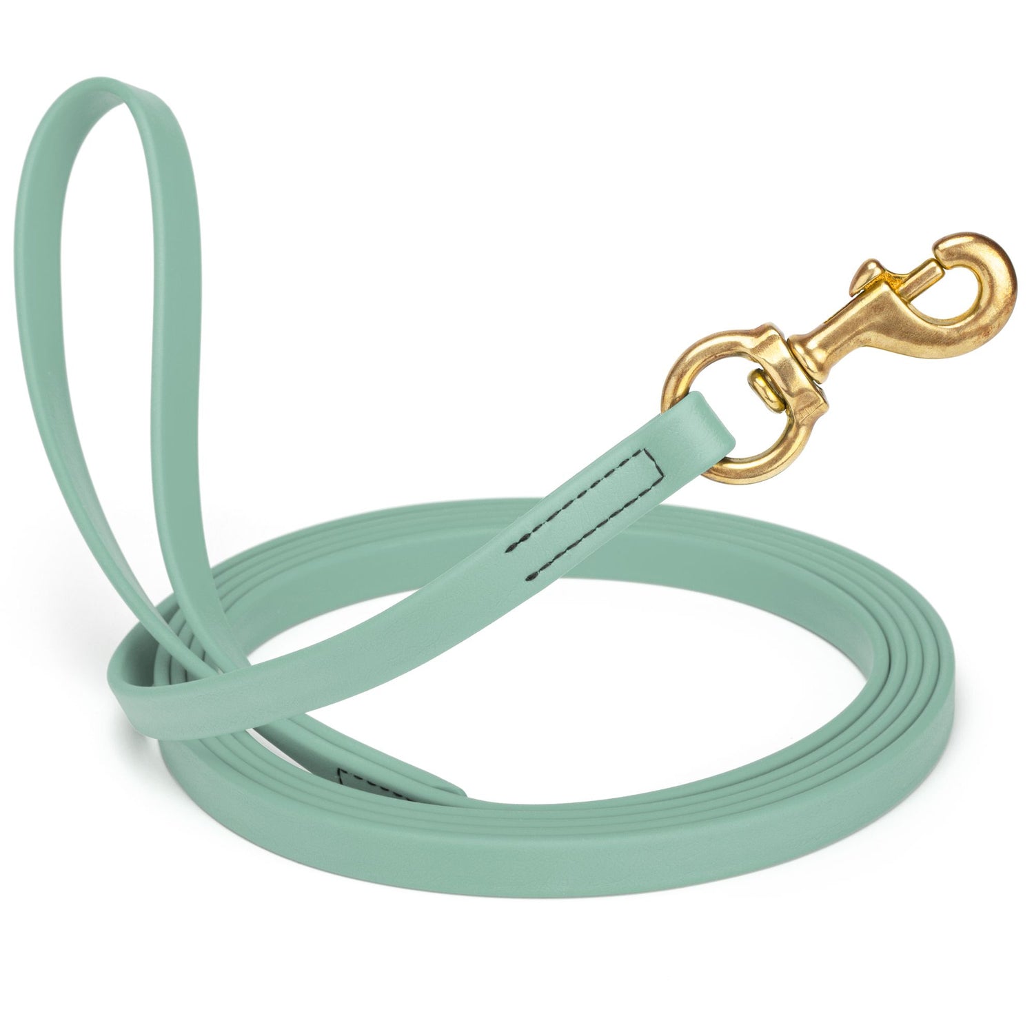 Sage Green leash for dogs with brass snap hook, 5/8 inch wide, 15 feet long, made from waterproof Biothane