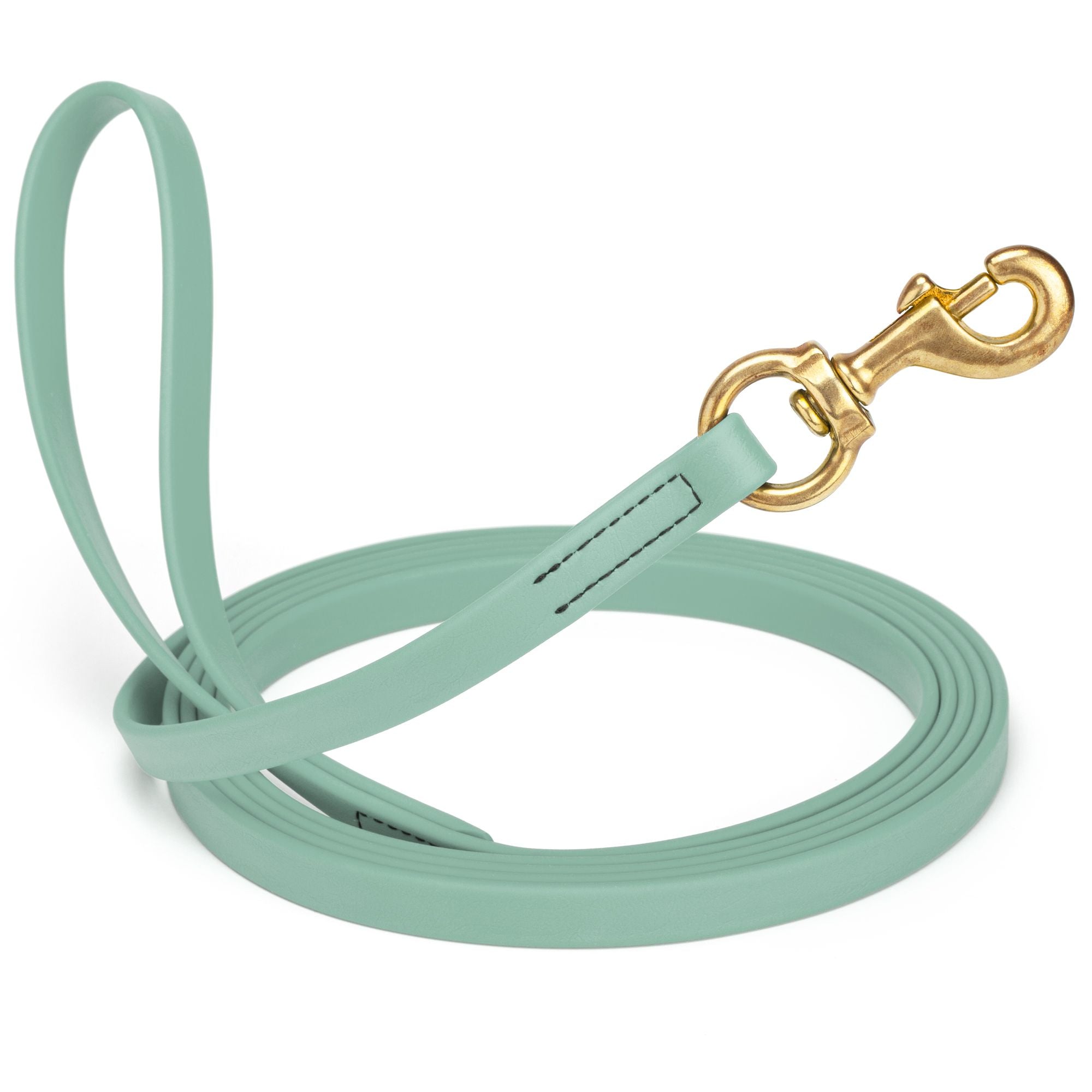 Sage Green leash for dogs with brass snap hook, 5/8 inch wide, 15 feet long, made from waterproof Biothane