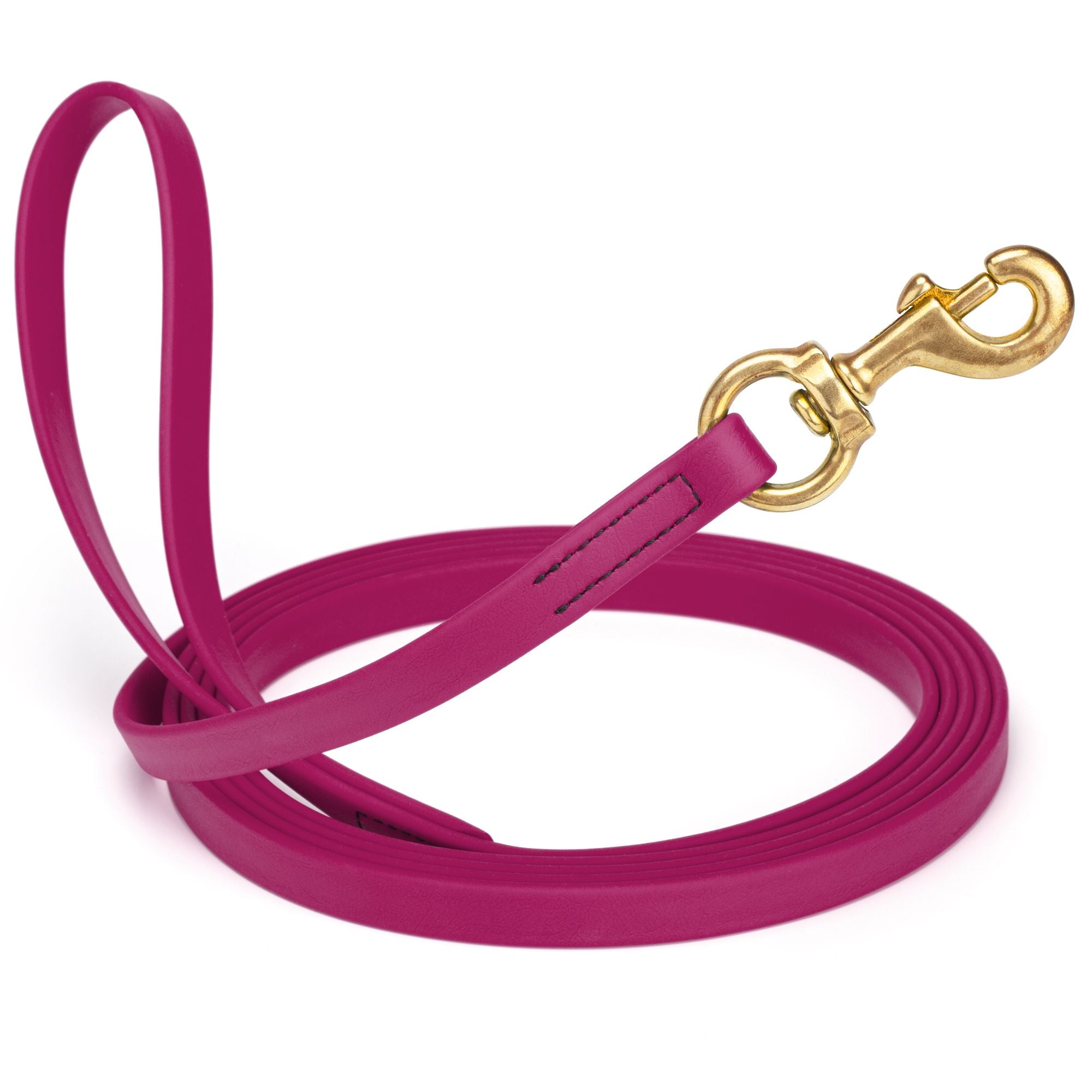 Magenta Pink leash for dogs with brass snap hook, 5/8 inch wide, 15 feet long, made from waterproof Biothane