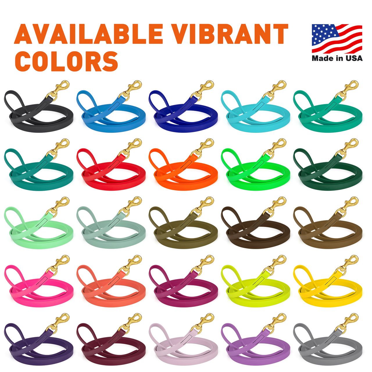 15ft Biothane leashes for dogs with brass snap hook, waterproof, made in the USA, 25 colors available