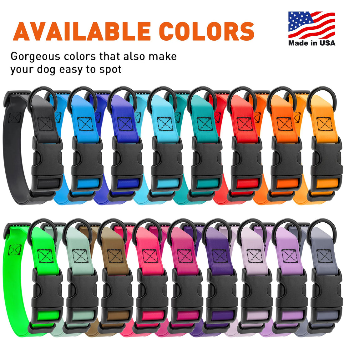 Waterproof Biothane collars for dogs with plastic quick release buckle and metal D-ring, 17 colors available