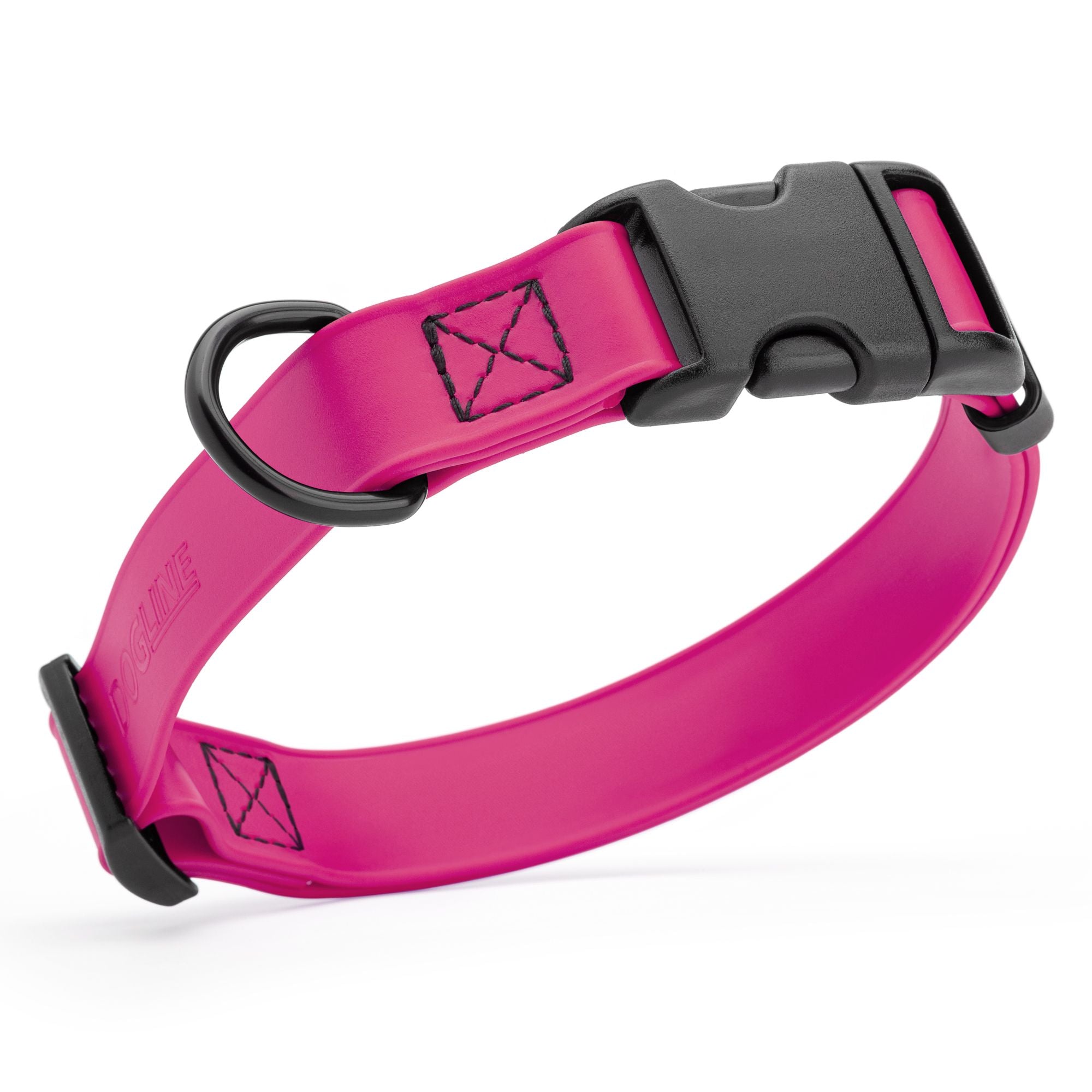 Magenta Pink waterproof dog collar made from Biothane with black quick release buckle and D-ring, adjustable