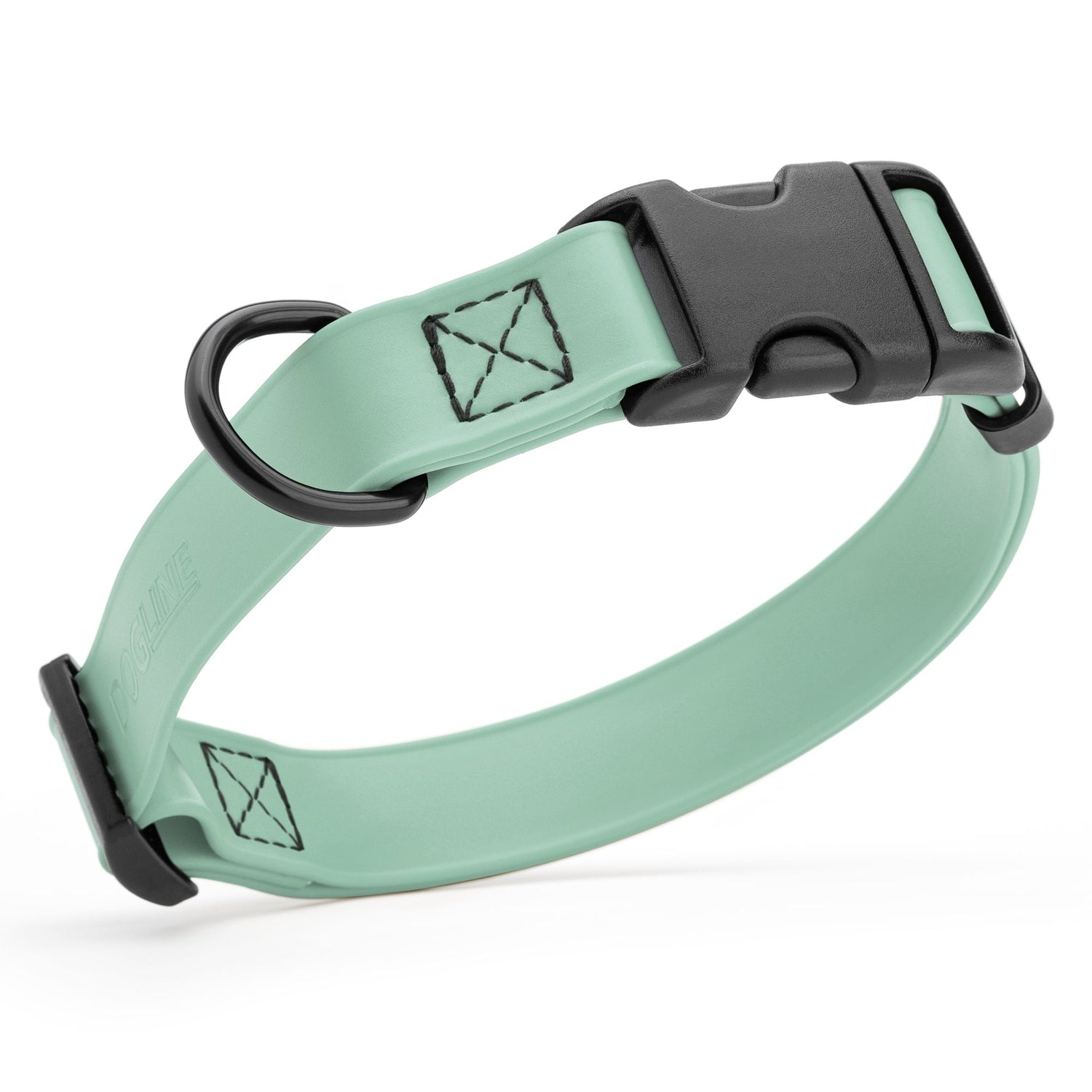 Sage green waterproof dog collar made from Biothane with black quick release buckle and D-ring, adjustable