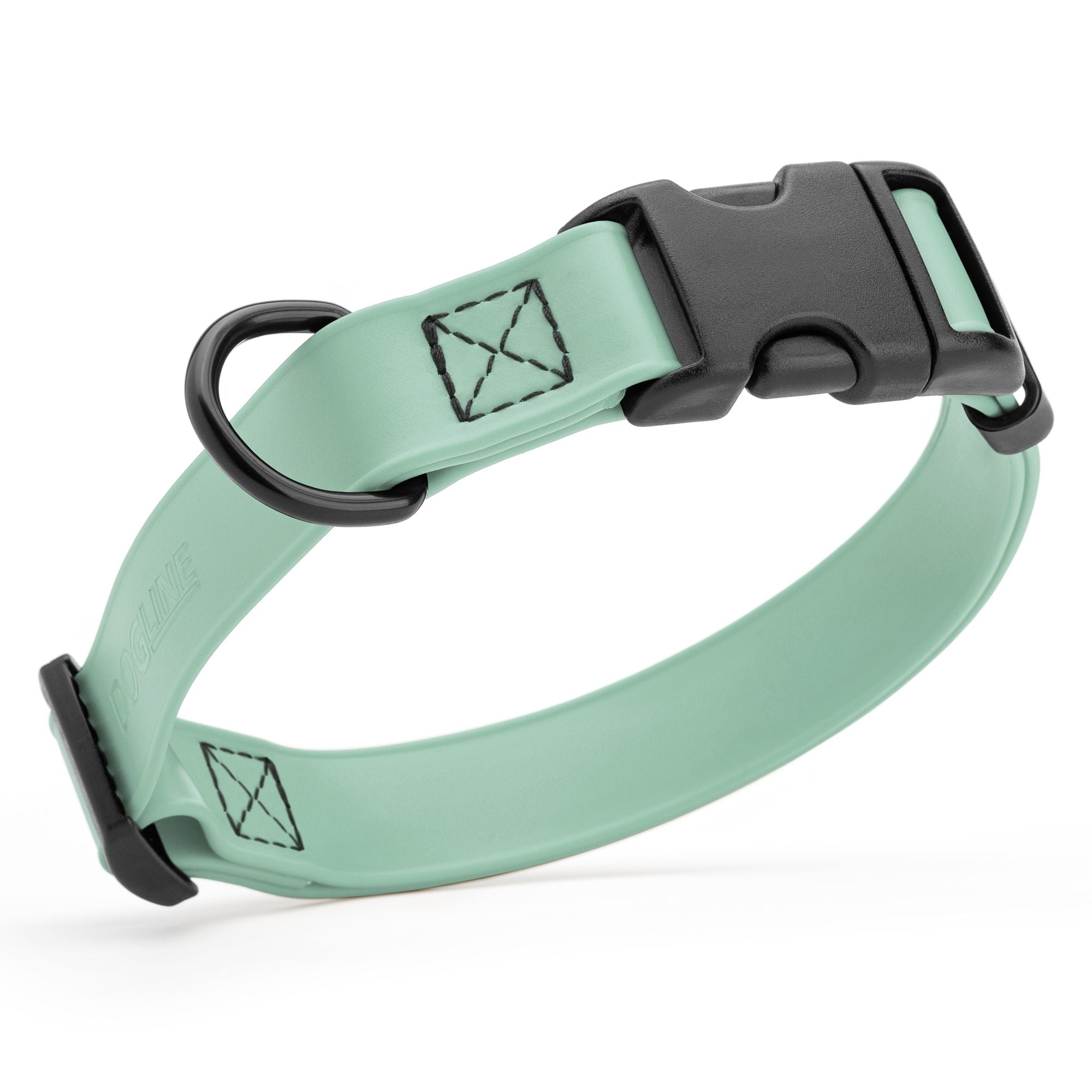 Sage green waterproof dog collar made from Biothane with black quick release buckle and D-ring, adjustable