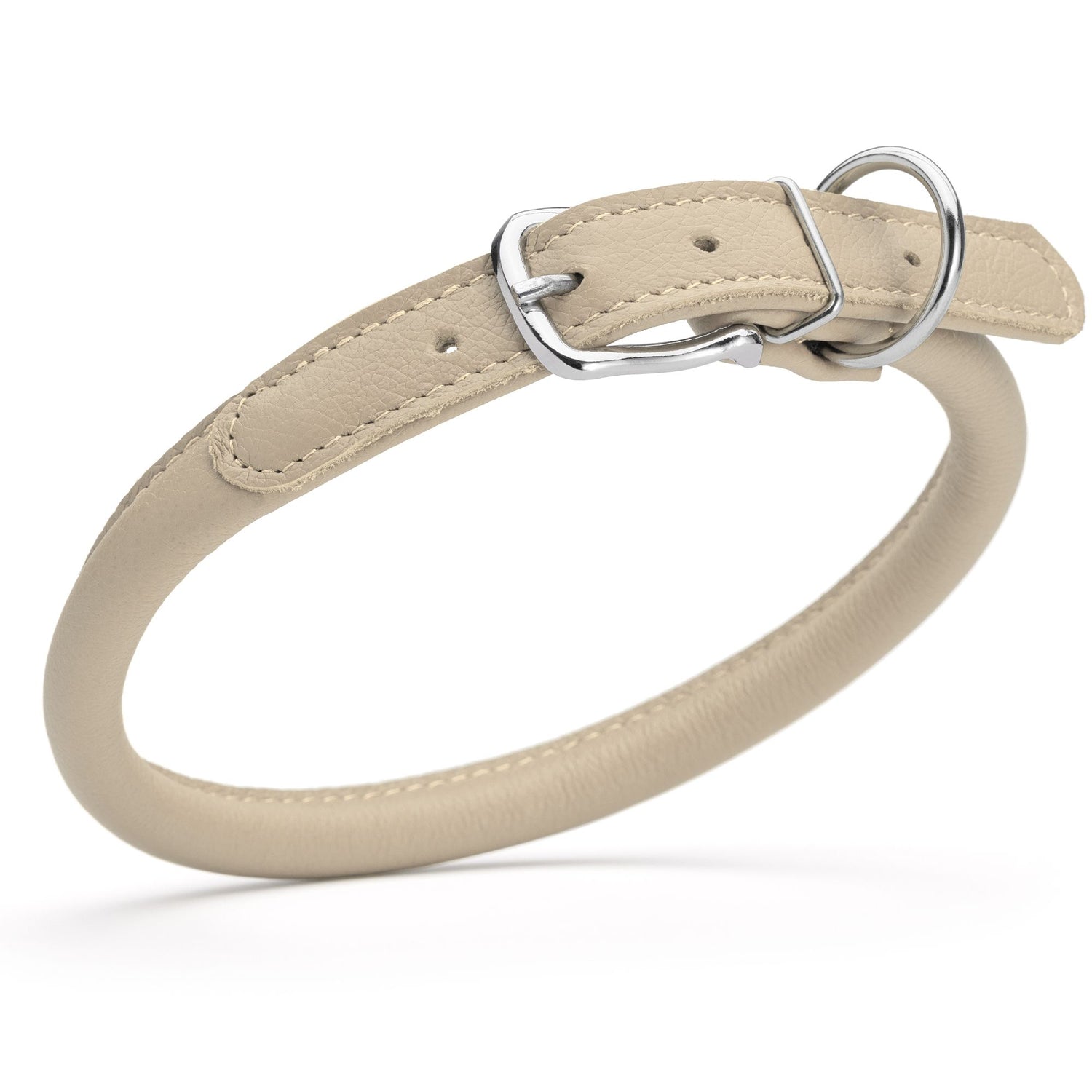 1/2 inch leather dog collar with metal buckle and D-ring, beige