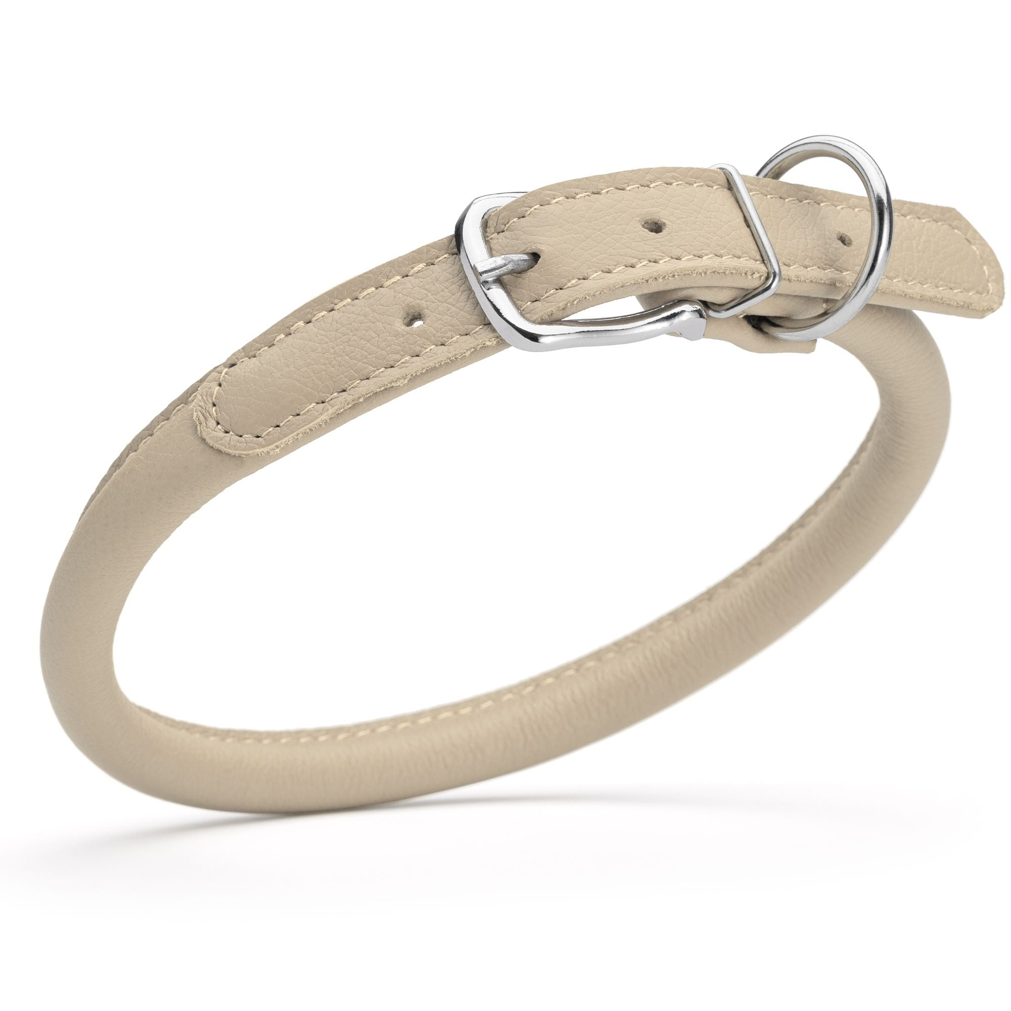 1/2 inch leather dog collar with metal buckle and D-ring, beige