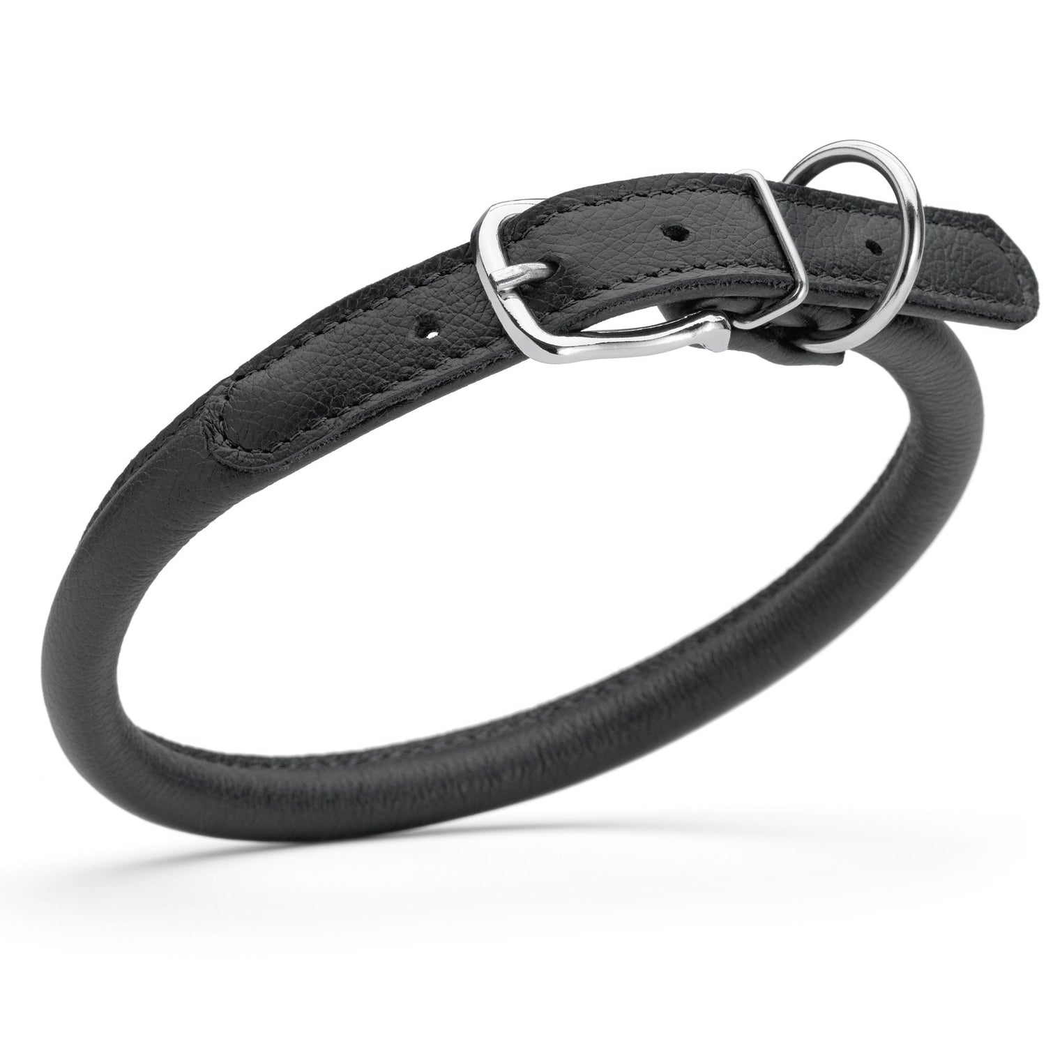 1/2 inch leather dog collar with metal buckle and D-ring, black