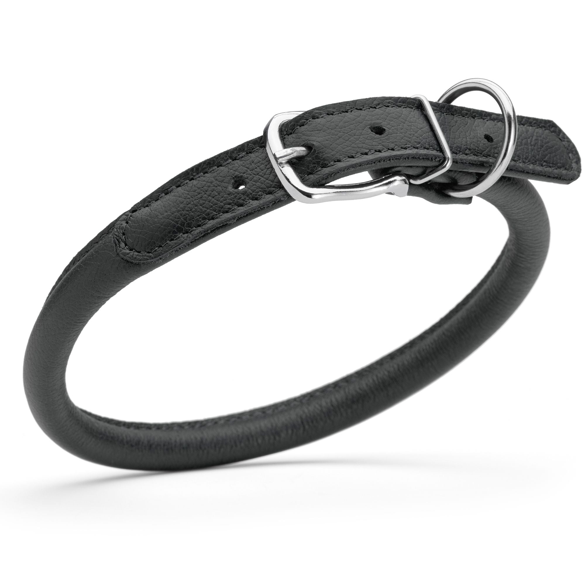 1/2 inch leather dog collar with metal buckle and D-ring, black