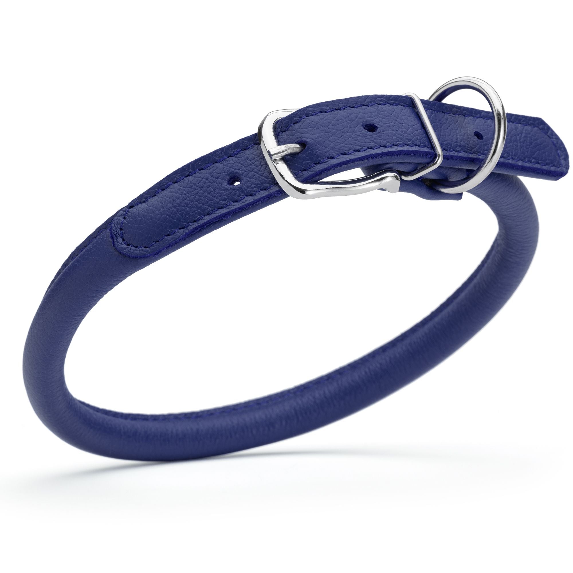 1/2 inch leather dog collar with metal buckle and D-ring, blue