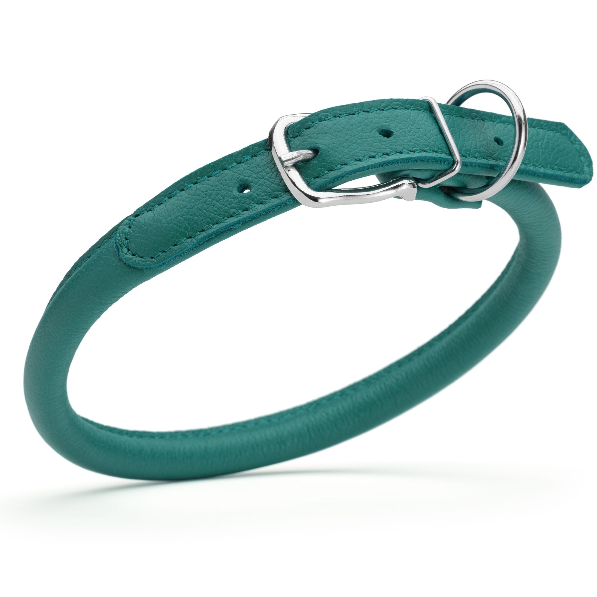 1/2 inch leather dog collar with metal buckle and D-ring, teal