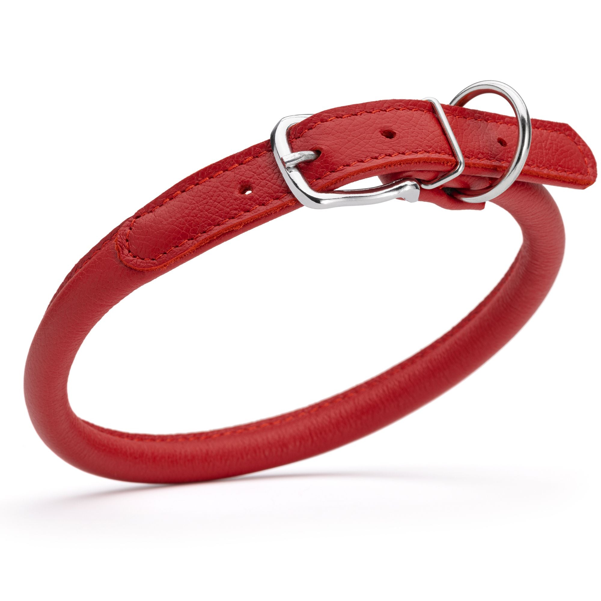 1/2 inch leather dog collar with metal buckle and D-ring, red