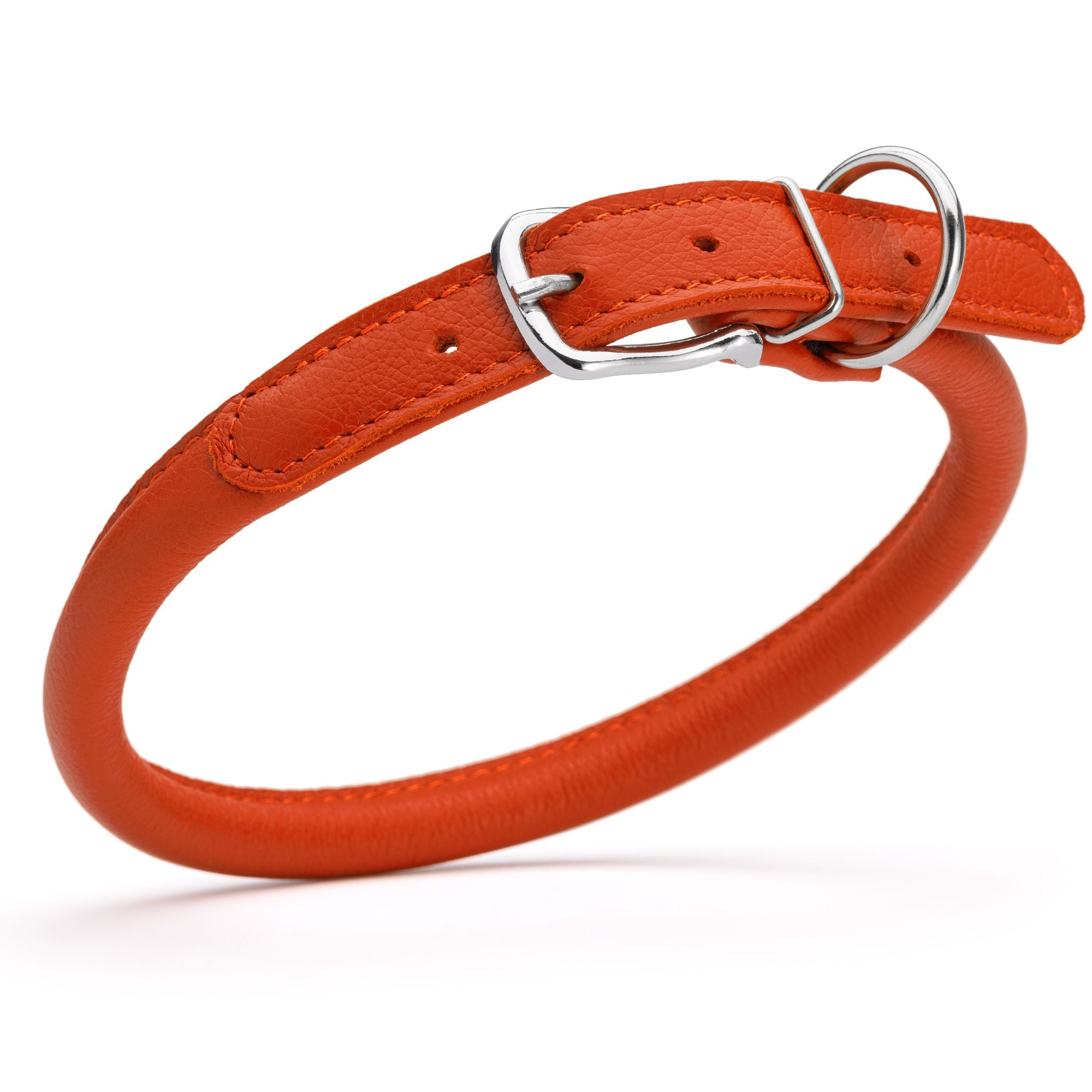 1/2 inch leather dog collar with metal buckle and D-ring, orange