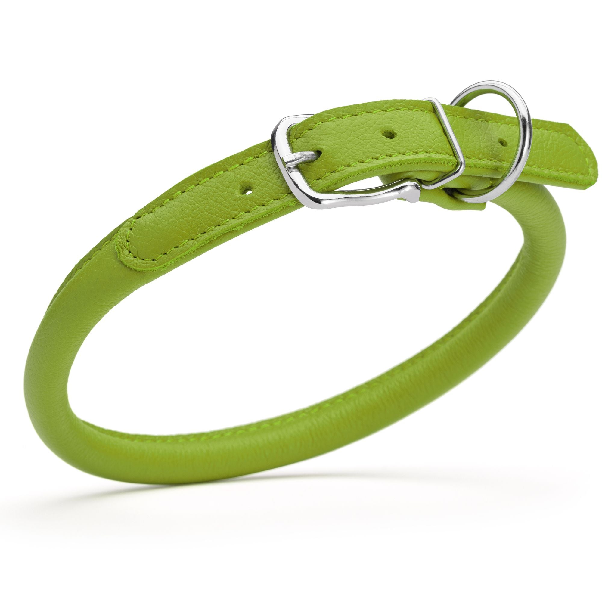 1/2 inch leather dog collar with metal buckle and D-ring, lime green
