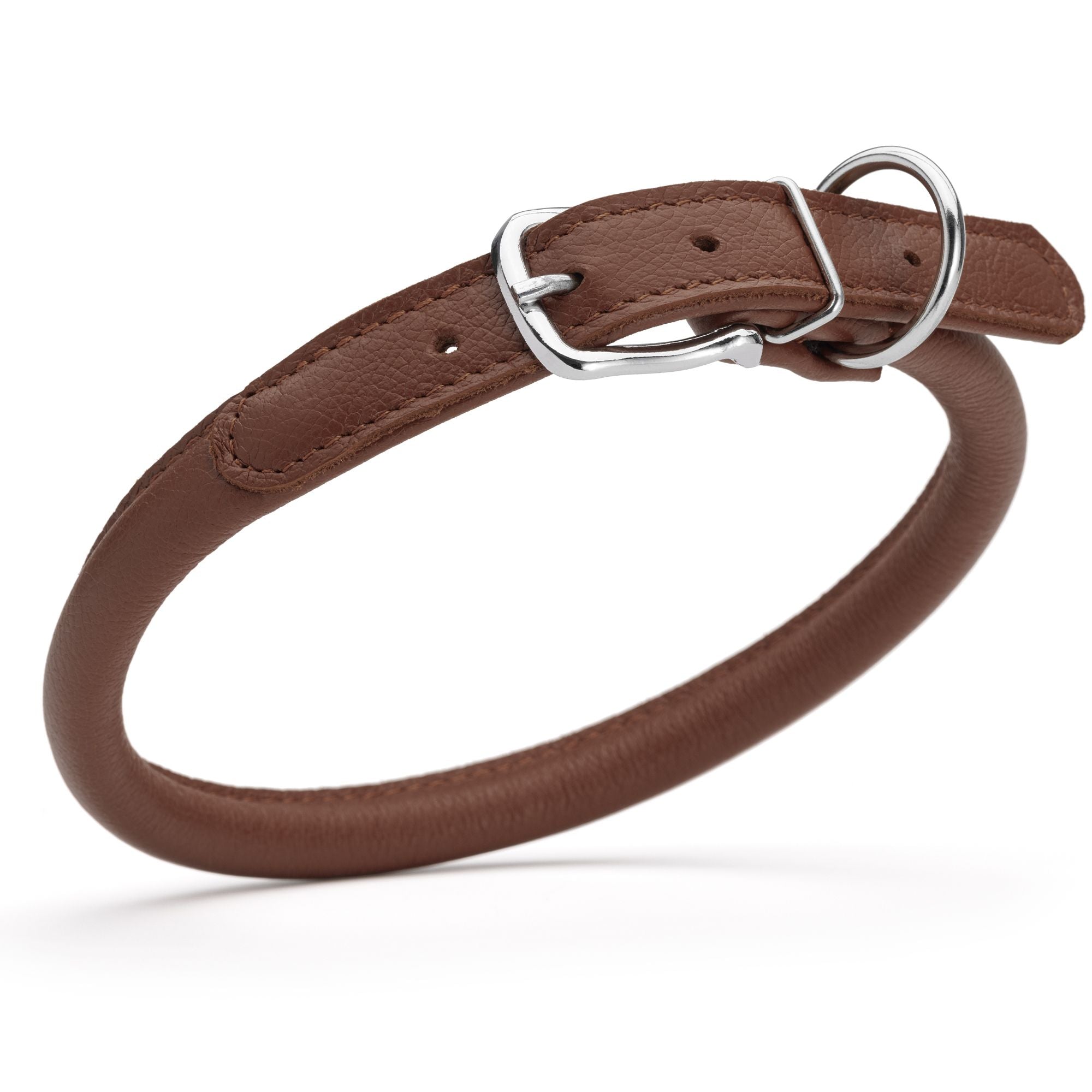 1/2 inch leather dog collar with metal buckle and D-ring, brown