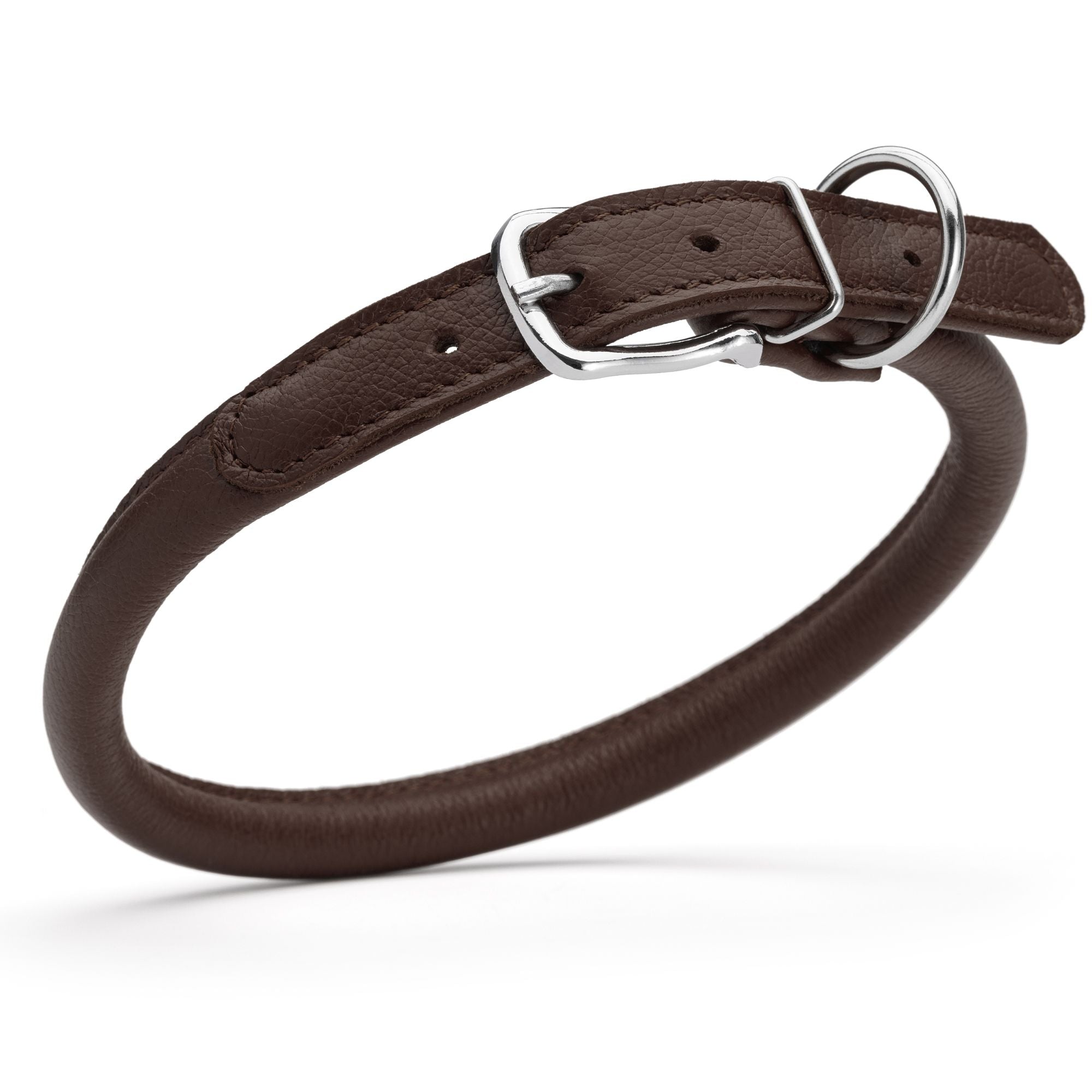 1/2 inch leather dog collar with metal buckle and D-ring, dark brown