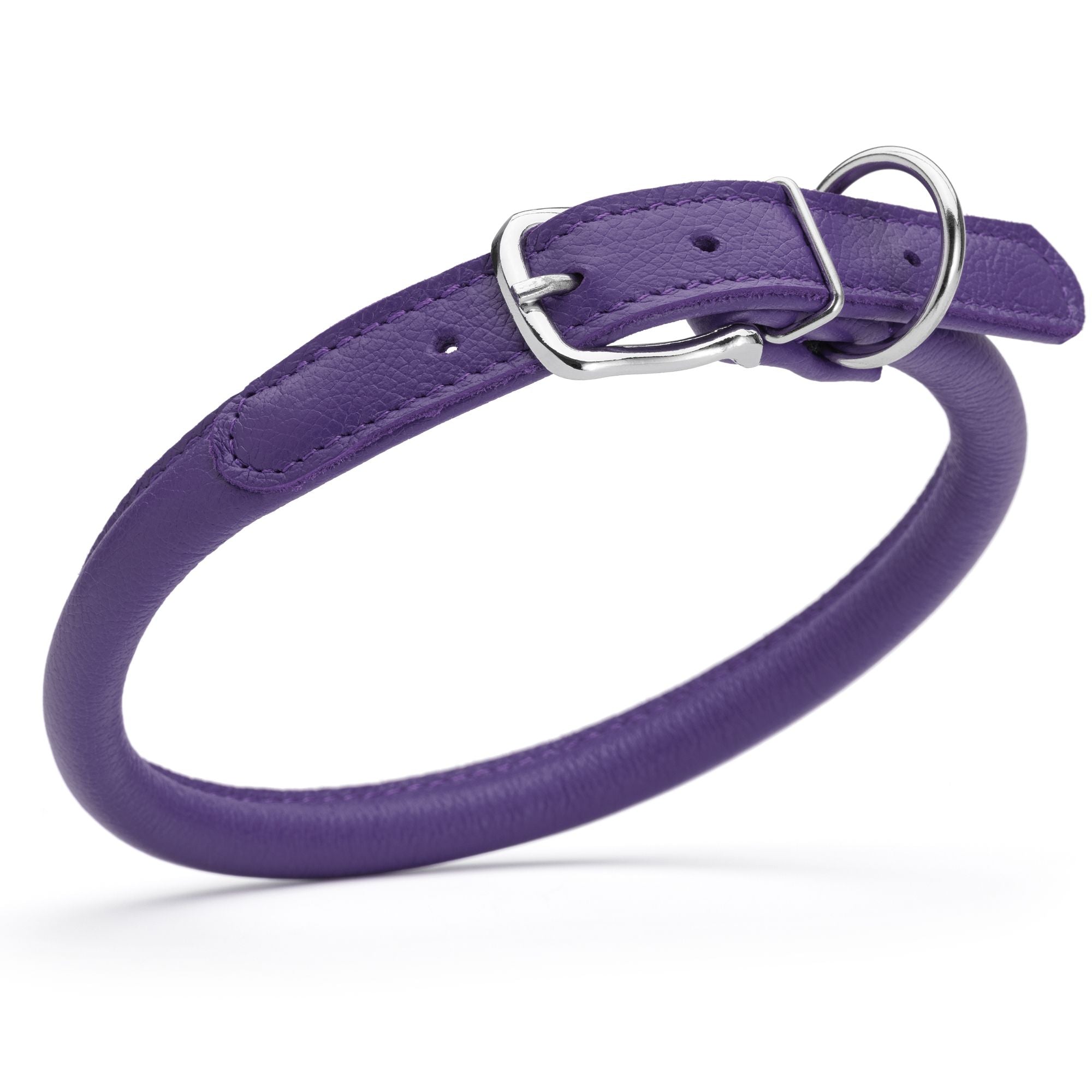 1/2 inch leather dog collar with metal buckle and D-ring, purple