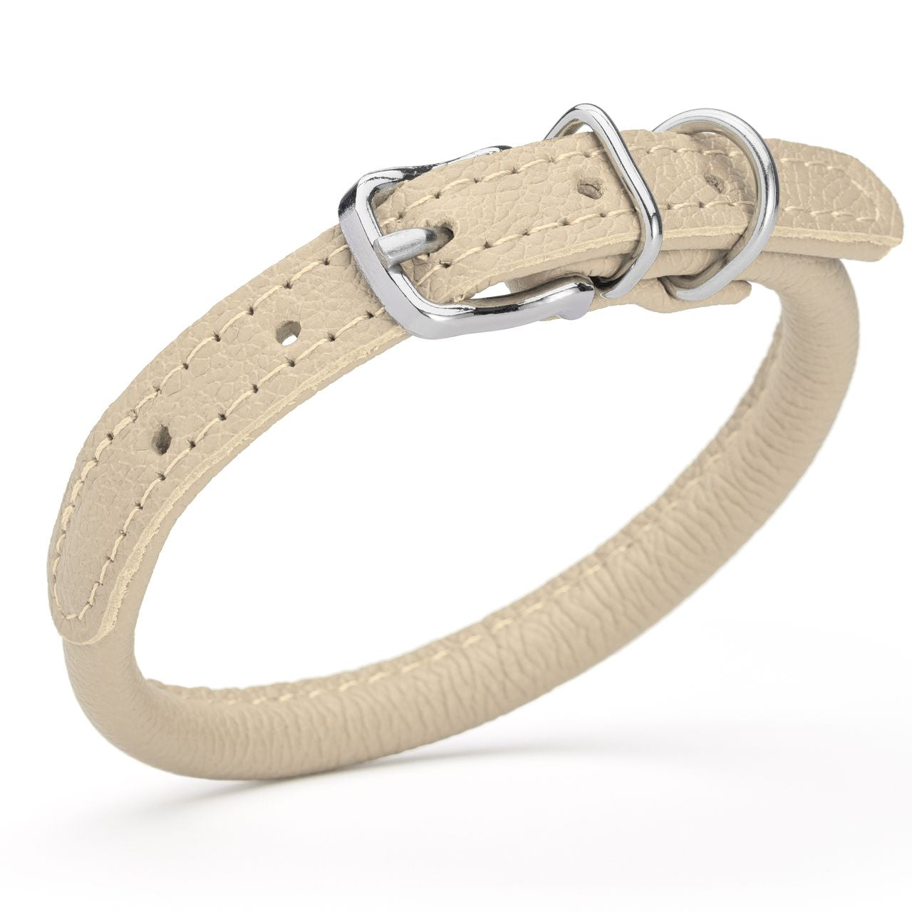 1/3 inch leather dog collar with metal buckle and D-ring, beige