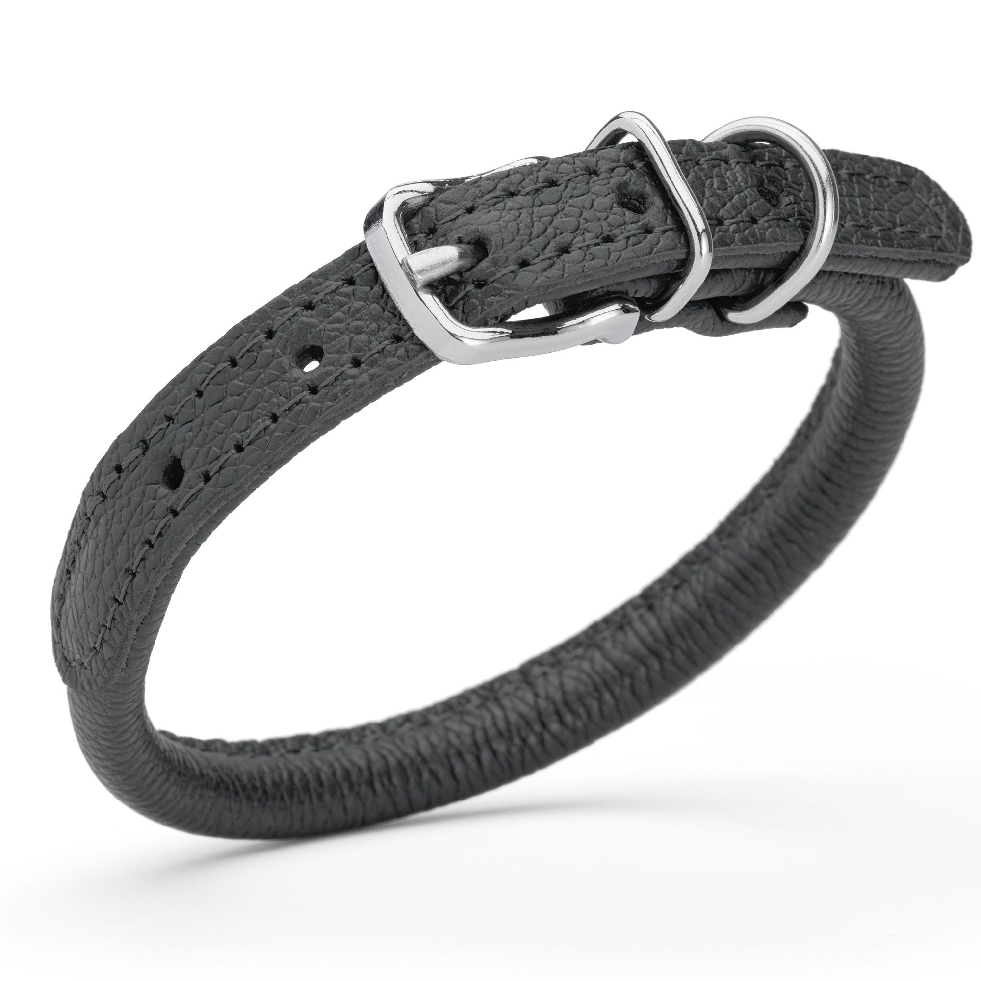 1/3 inch leather dog collar with metal buckle and D-ring, black