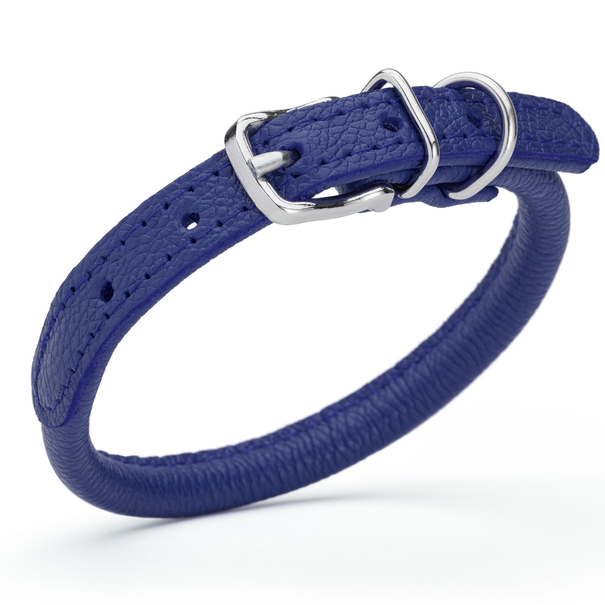 1/3 inch leather dog collar with metal buckle and D-ring, blue