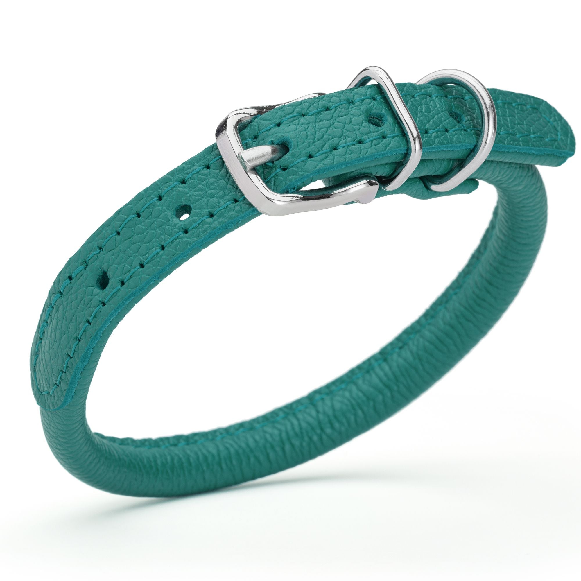 1/3 inch leather dog collar with metal buckle and D-ring, teal
