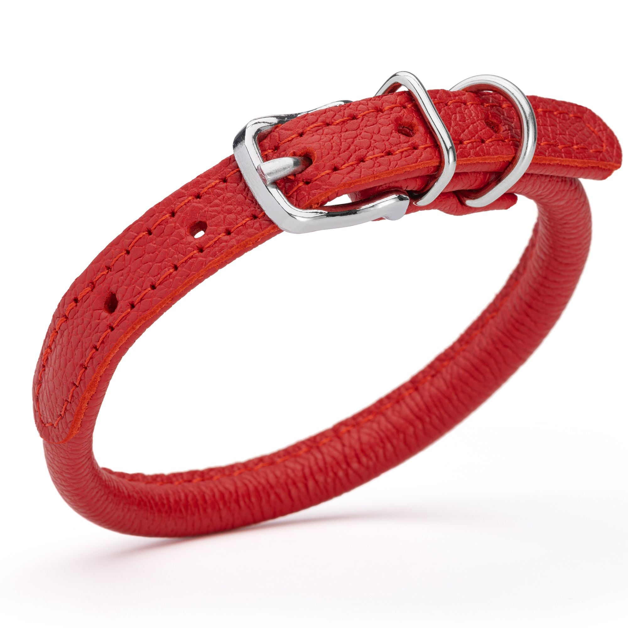 1/3 inch leather dog collar with metal buckle and D-ring, red
