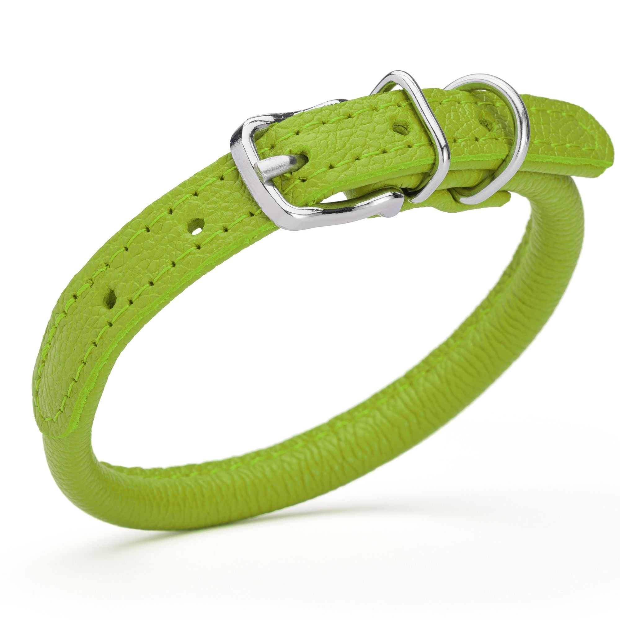 1/3 inch leather dog collar with metal buckle and D-ring, lime green