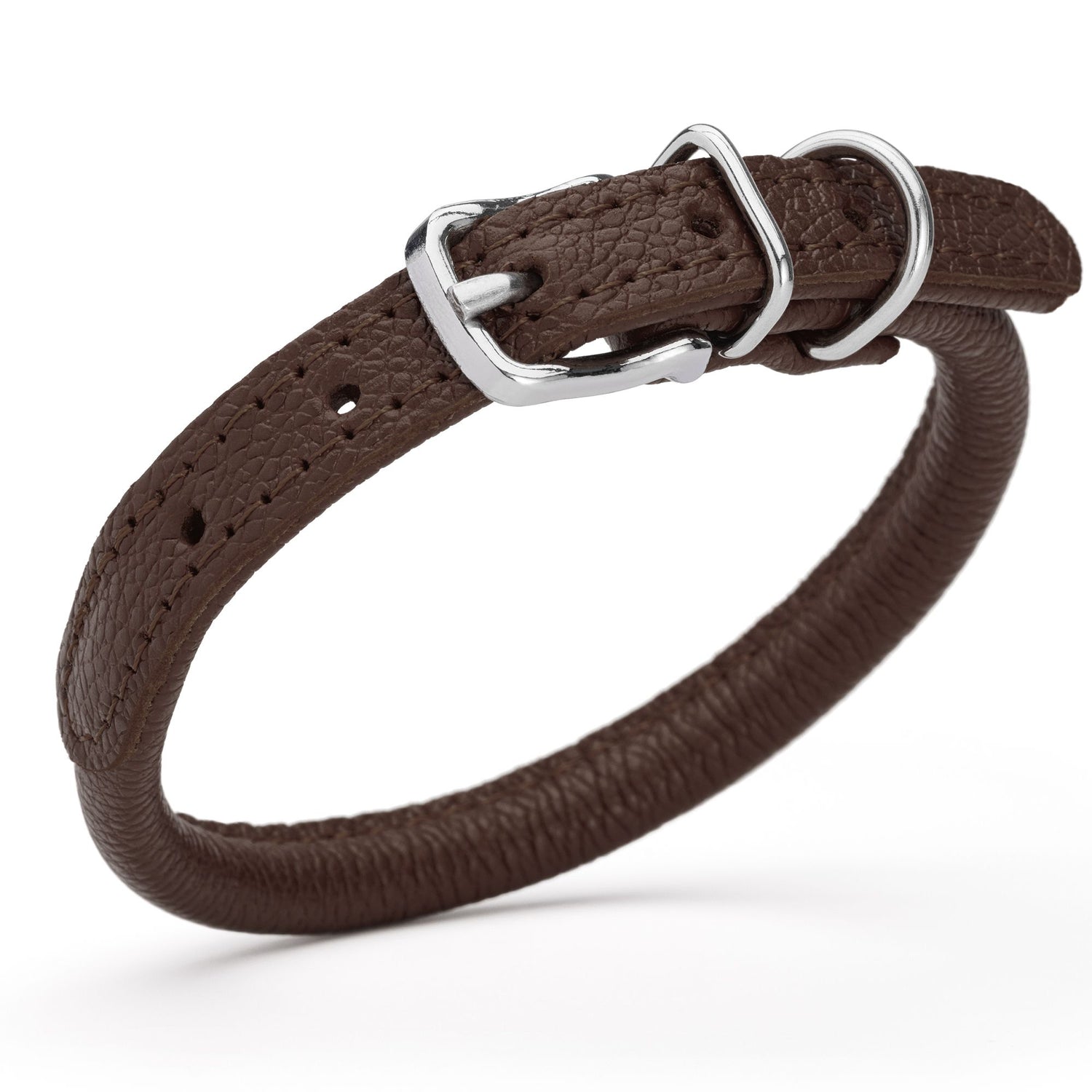 1/3 inch leather dog collar with metal buckle and D-ring, dark brown