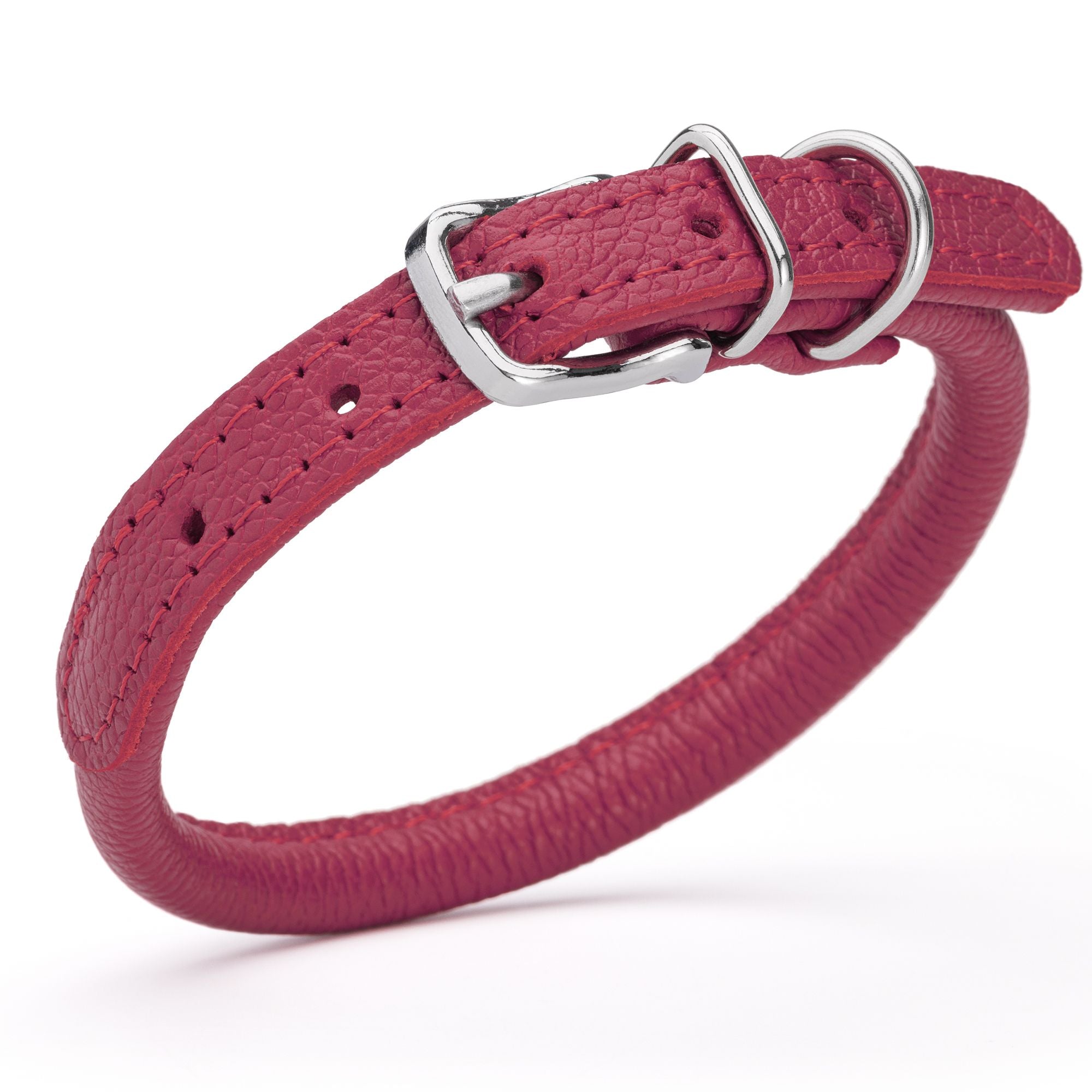 1/3 inch leather dog collar with metal buckle and D-ring, pink