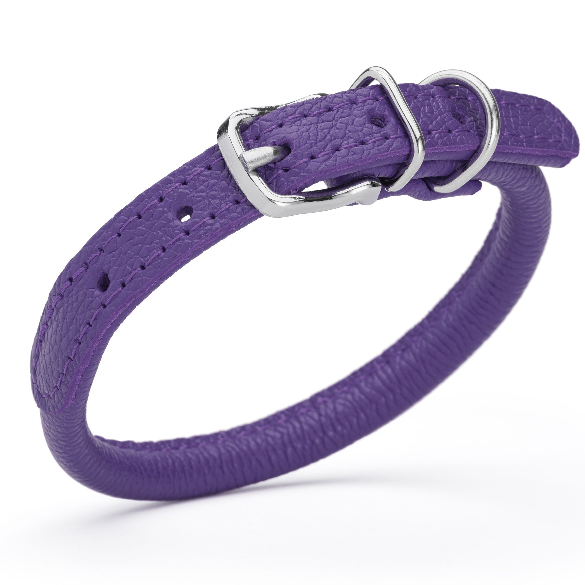 1/3 inch leather dog collar with metal buckle and D-ring, purple