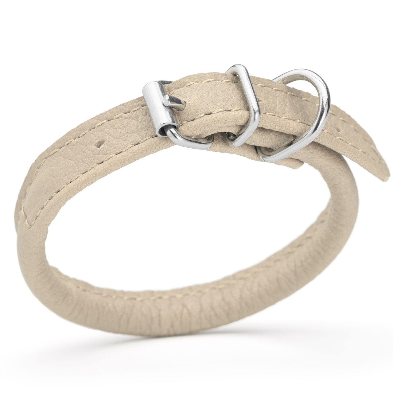 1/4 inch leather dog collar with metal buckle and D-ring, beige