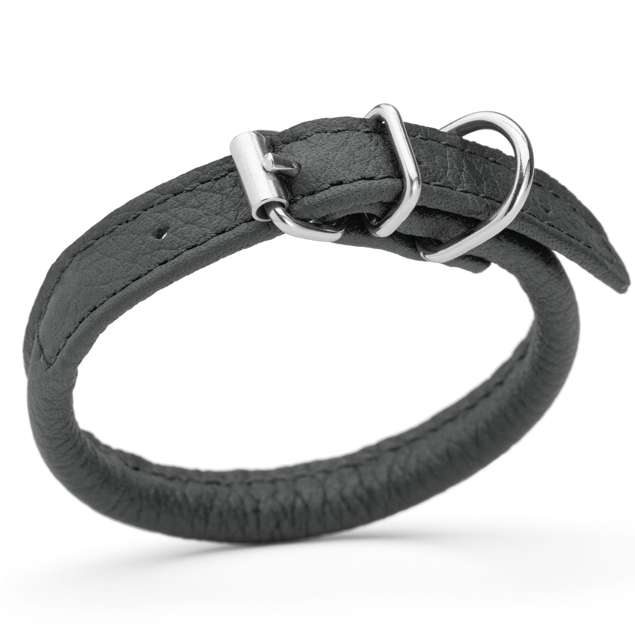 1/4 inch leather dog collar with metal buckle and D-ring, black