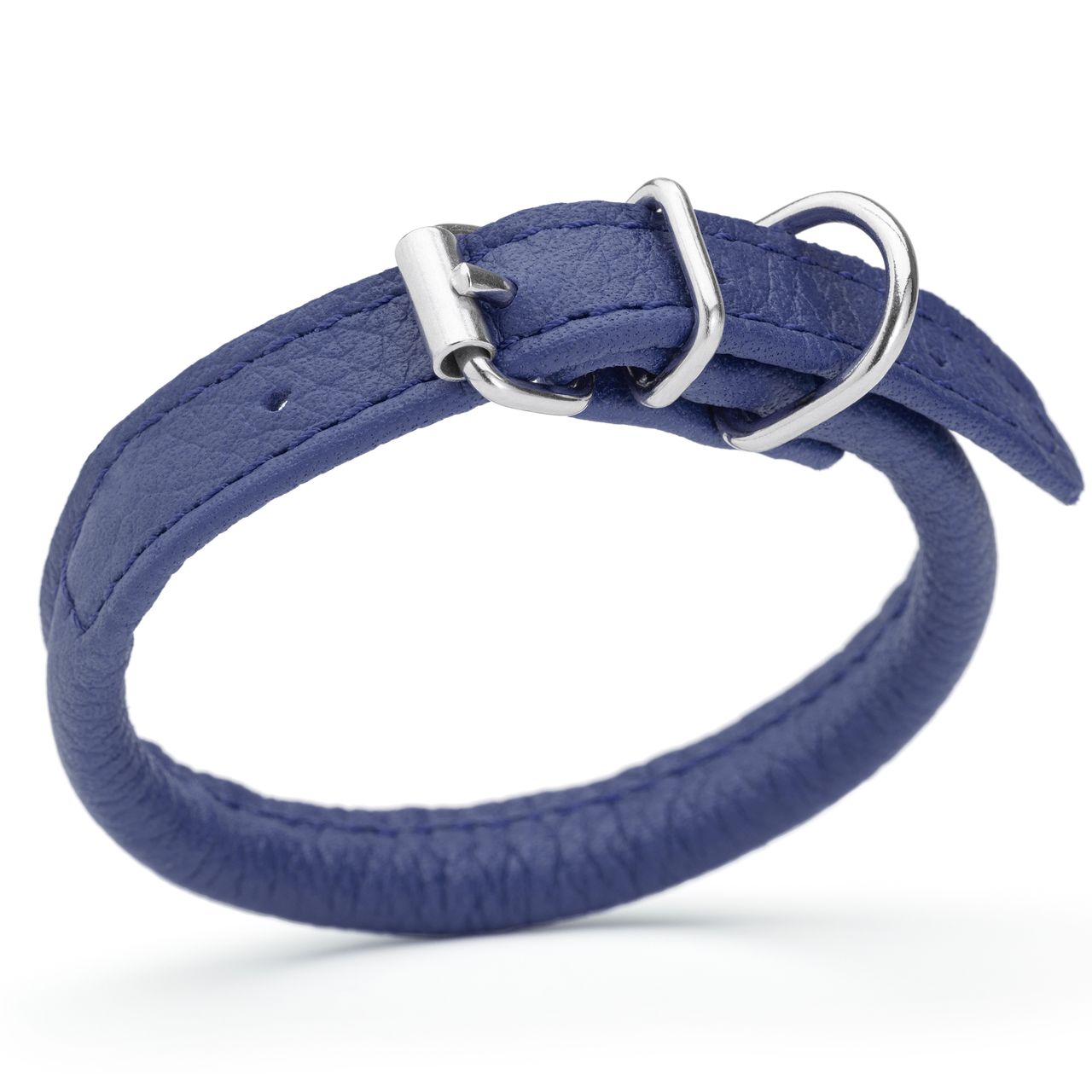 1/4 inch leather dog collar with metal buckle and D-ring, blue