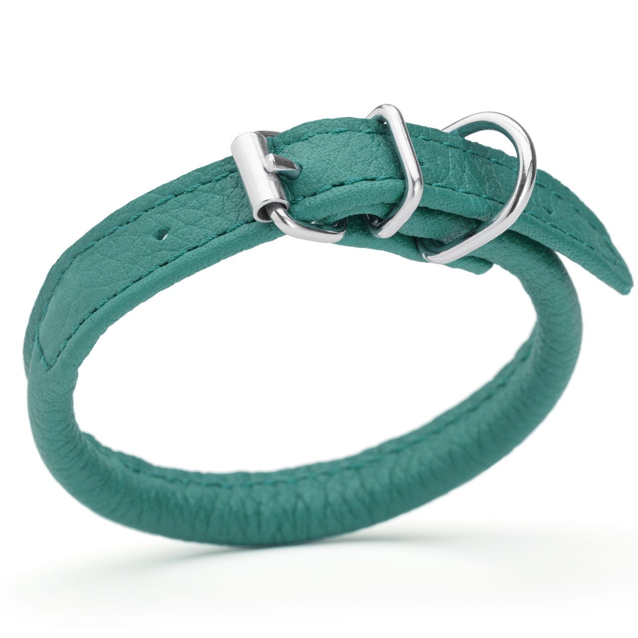 1/4 inch leather dog collar with metal buckle and D-ring, teal