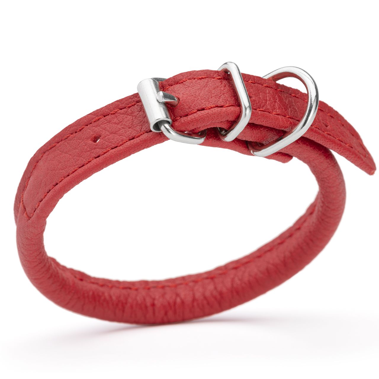 1/4 inch leather dog collar with metal buckle and D-ring, red