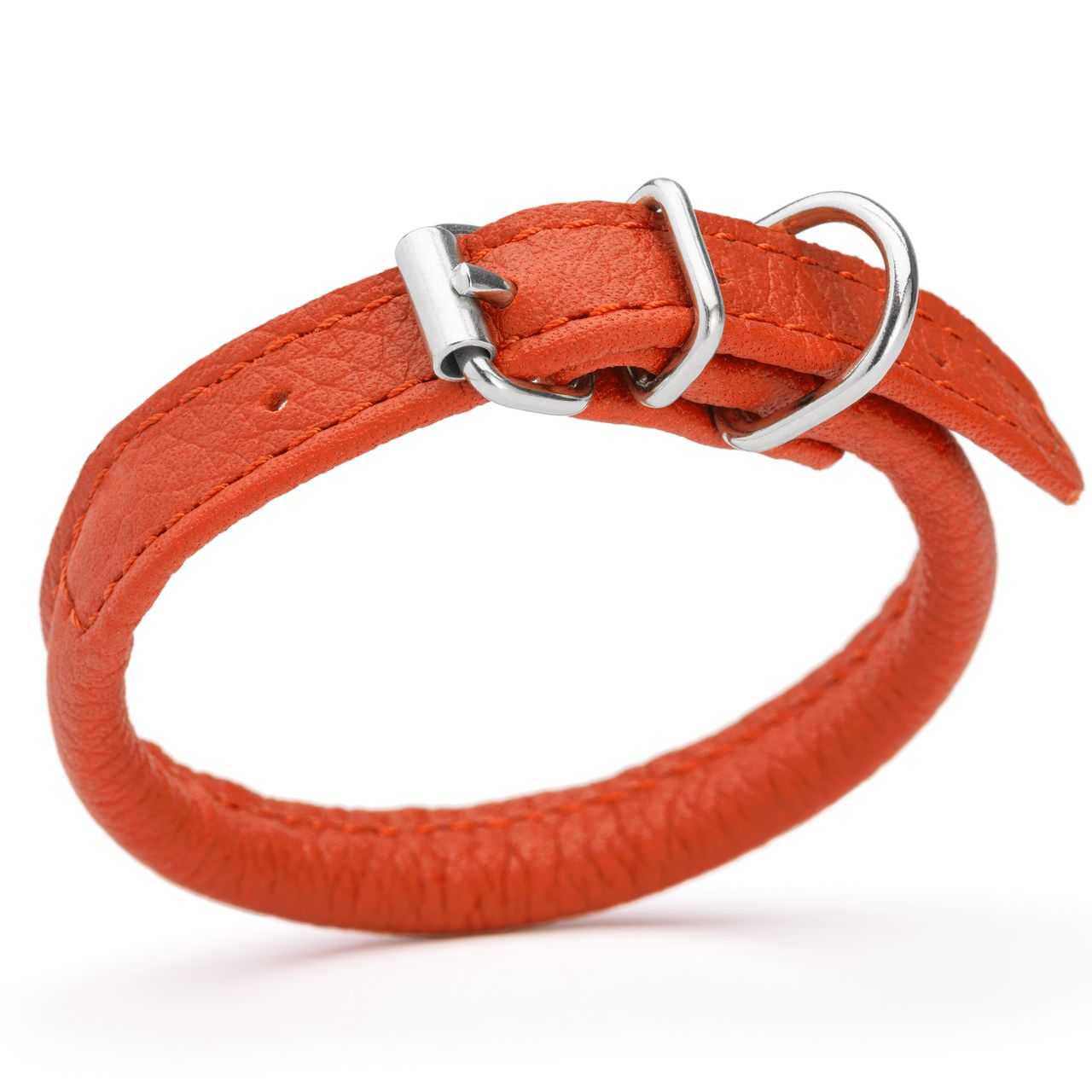 1/4 inch leather dog collar with metal buckle and D-ring, orange
