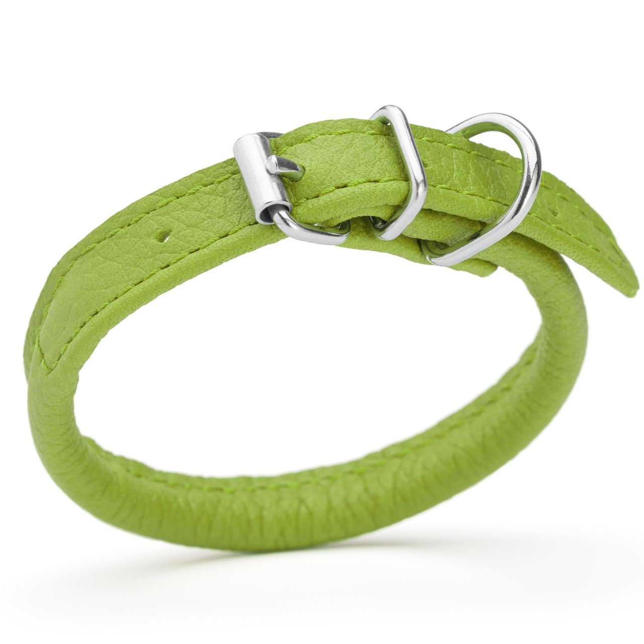 1/4 inch leather dog collar with metal buckle and D-ring, lime green