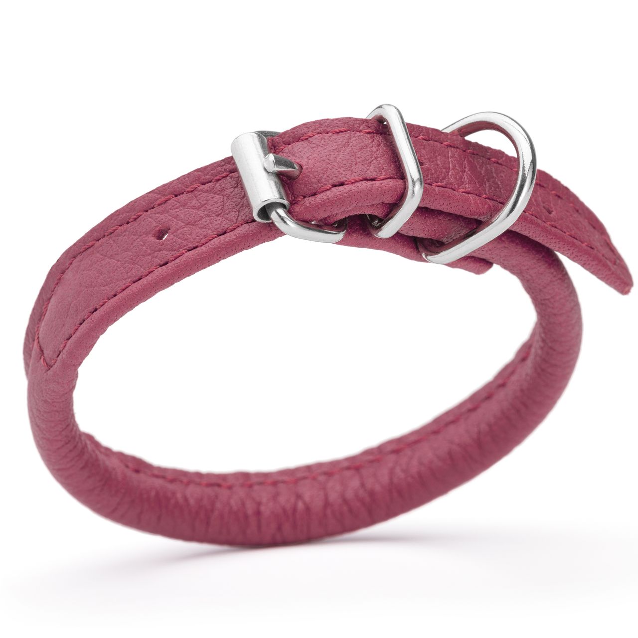 1/4 inch leather dog collar with metal buckle and D-ring, pink
