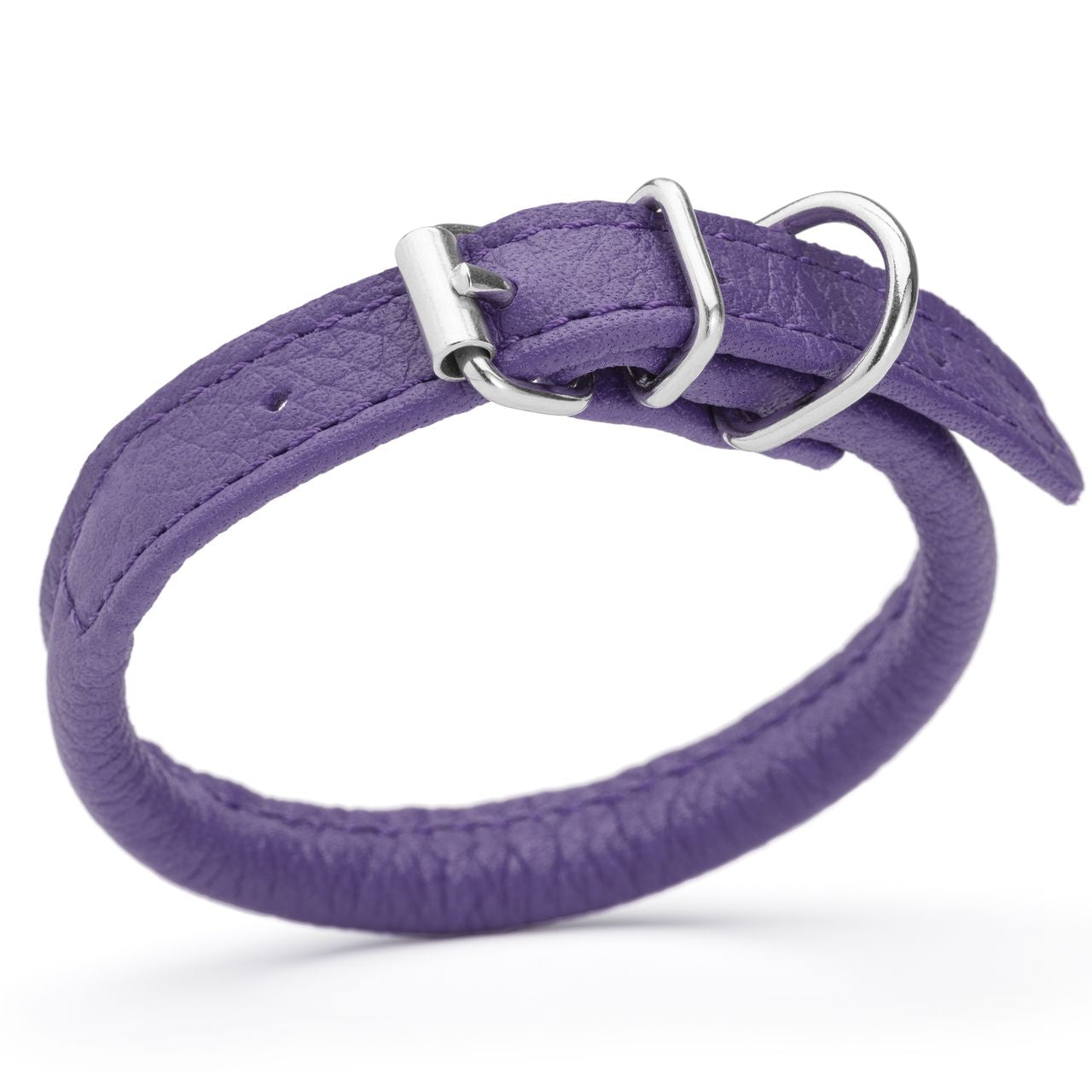 1/4 inch leather dog collar with metal buckle and D-ring, purple