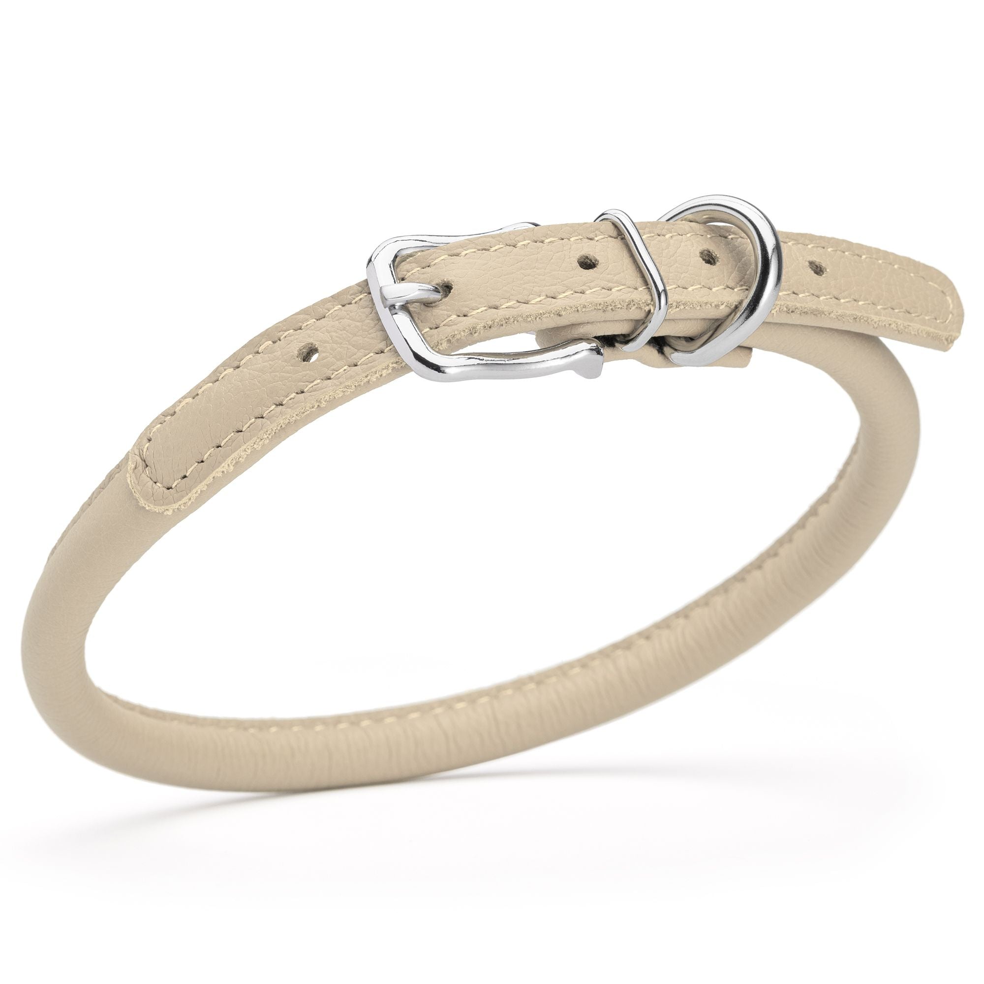3/8 inch leather dog collar with metal buckle and D-ring, beige