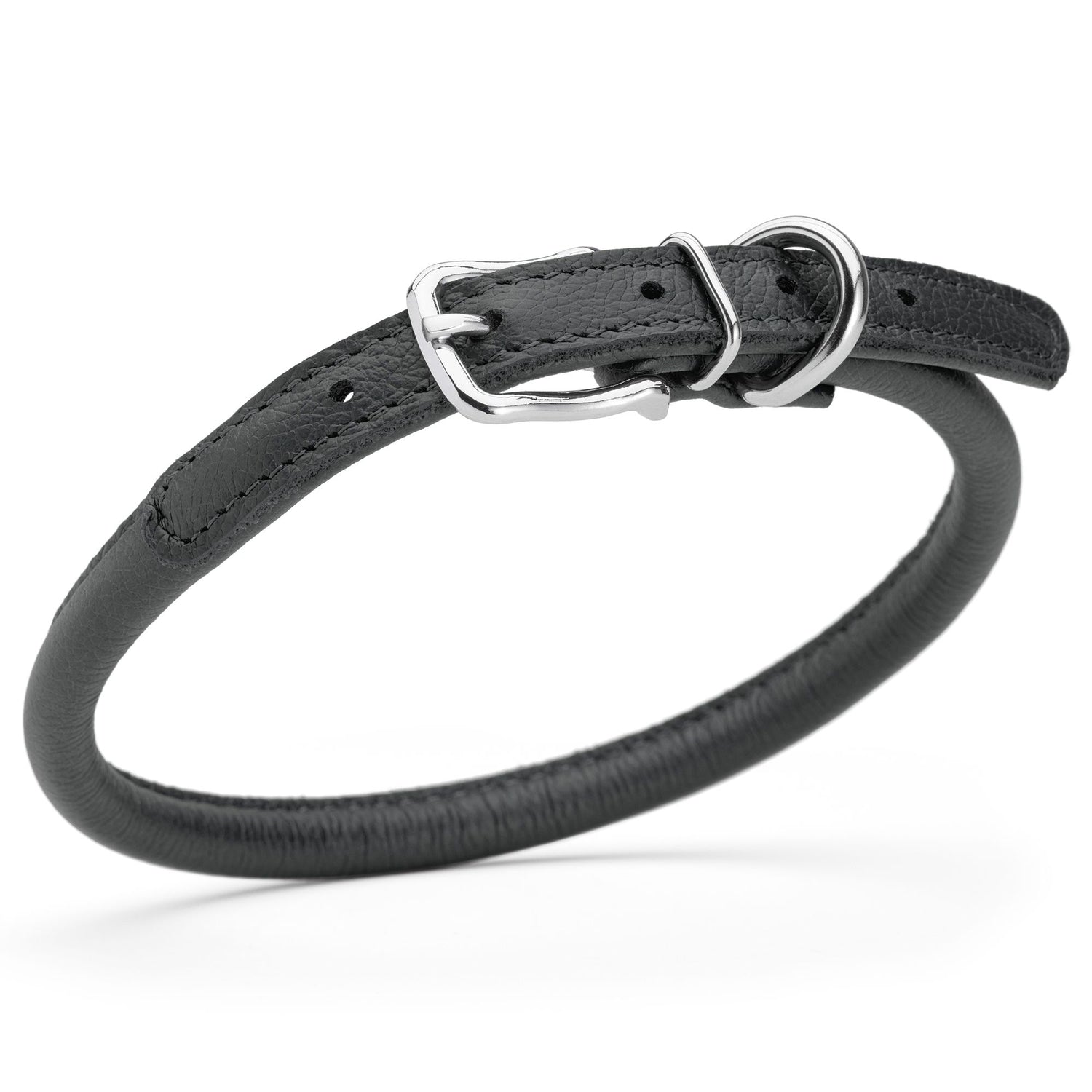 3/8 inch leather dog collar with metal buckle and D-ring, black