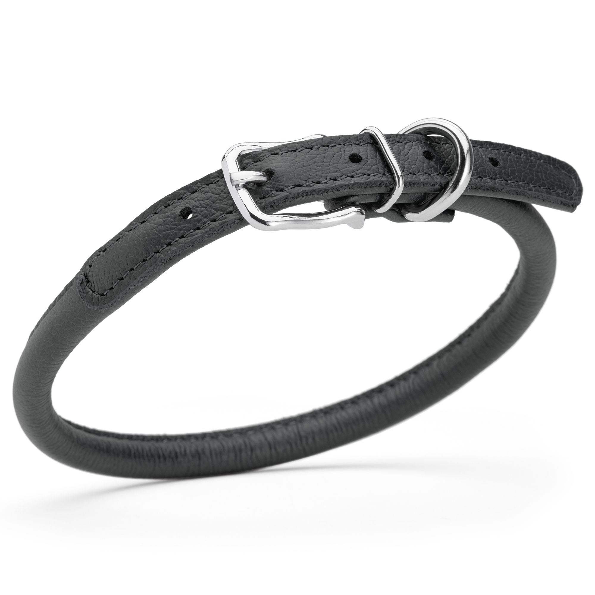 3/8 inch leather dog collar with metal buckle and D-ring, black
