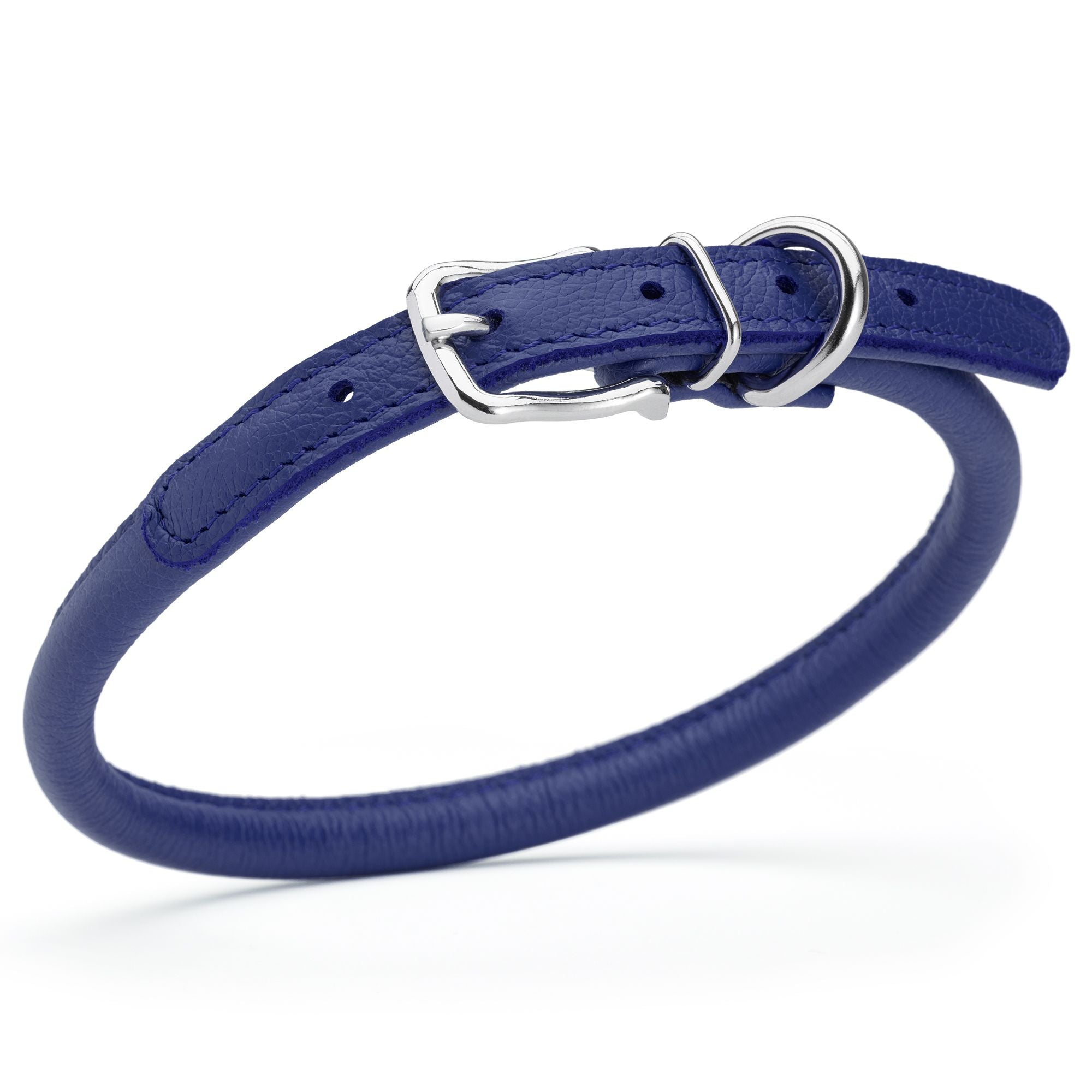 3/8 inch leather dog collar with metal buckle and D-ring, blue