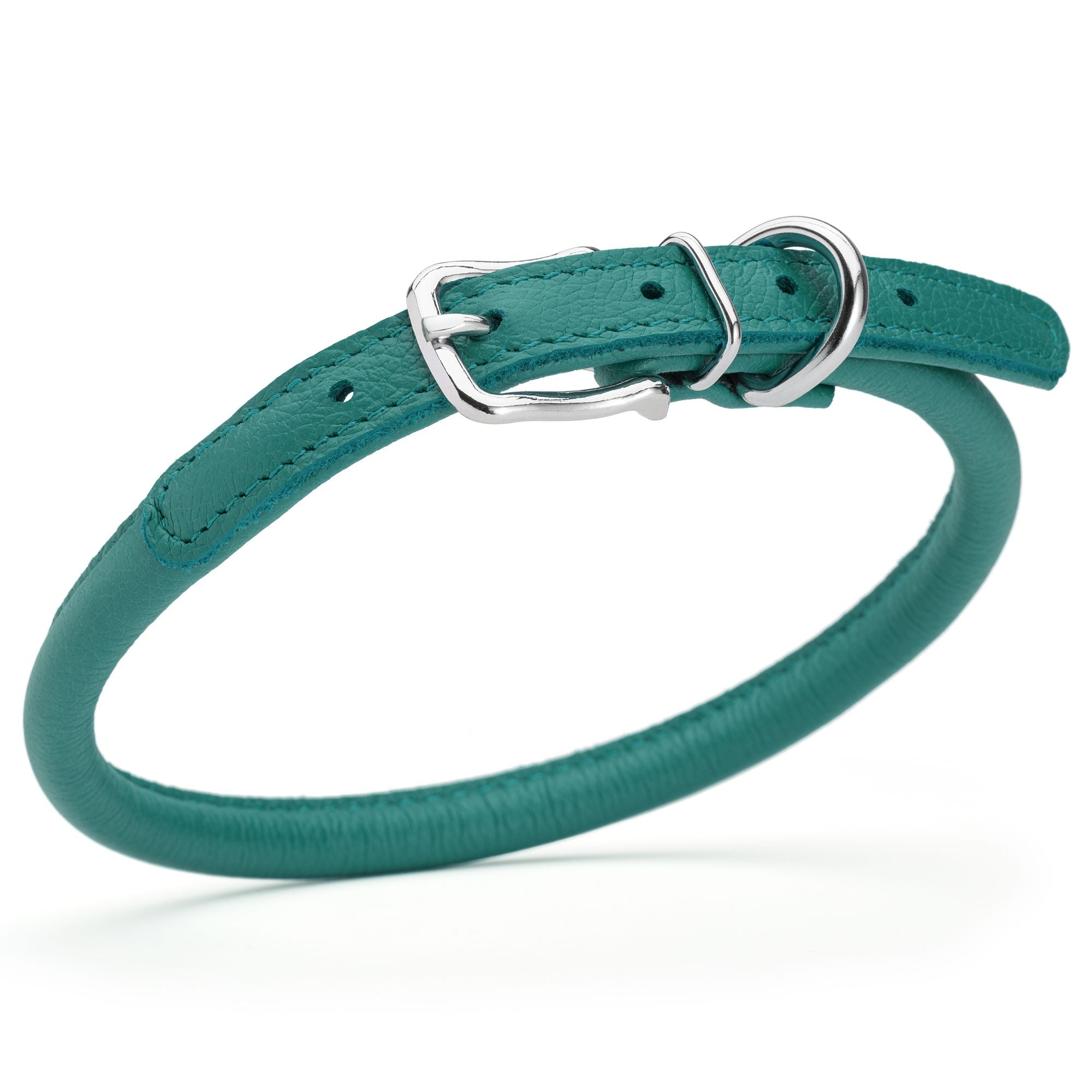 3/8 inch leather dog collar with metal buckle and D-ring, teal