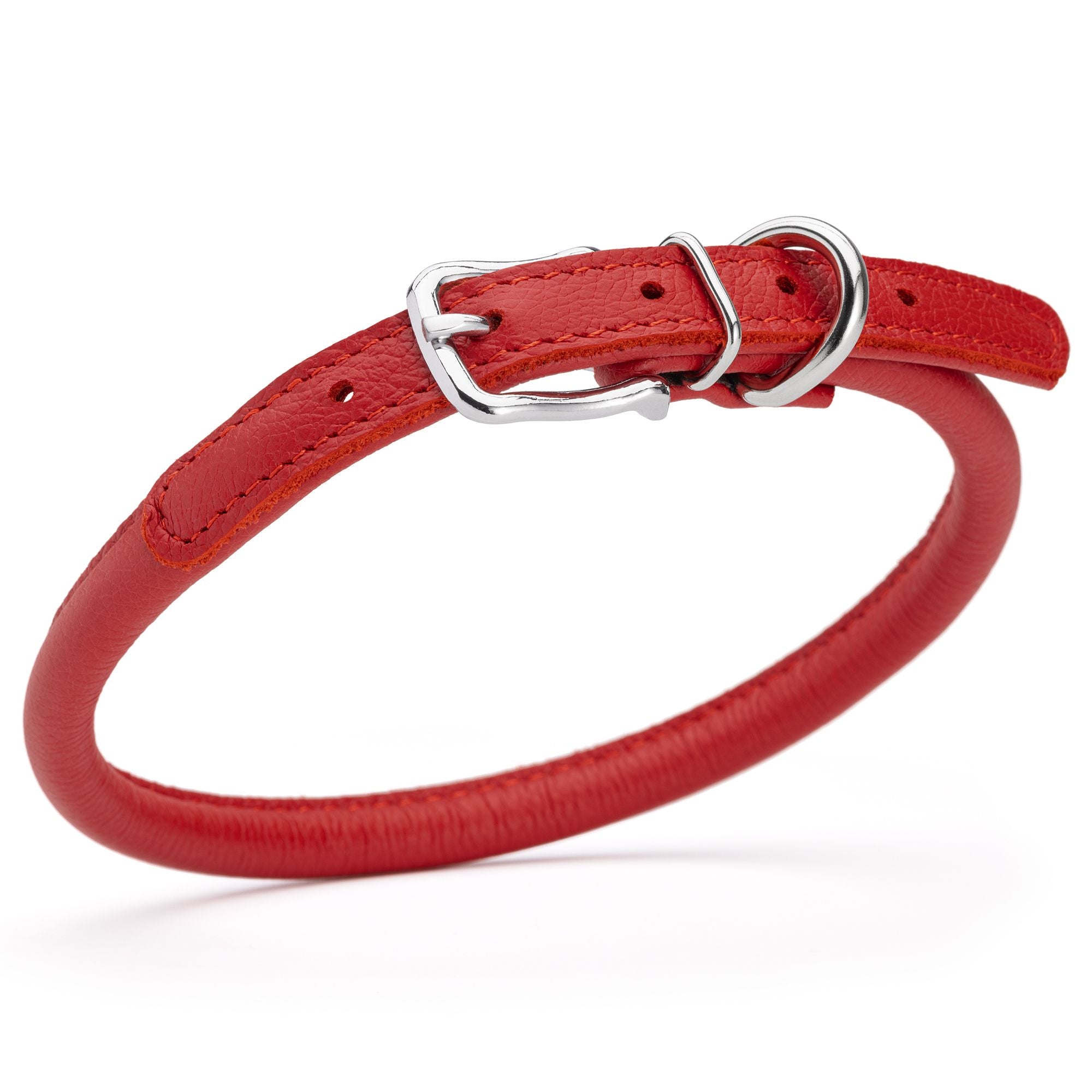 3/8 inch leather dog collar with metal buckle and D-ring, red