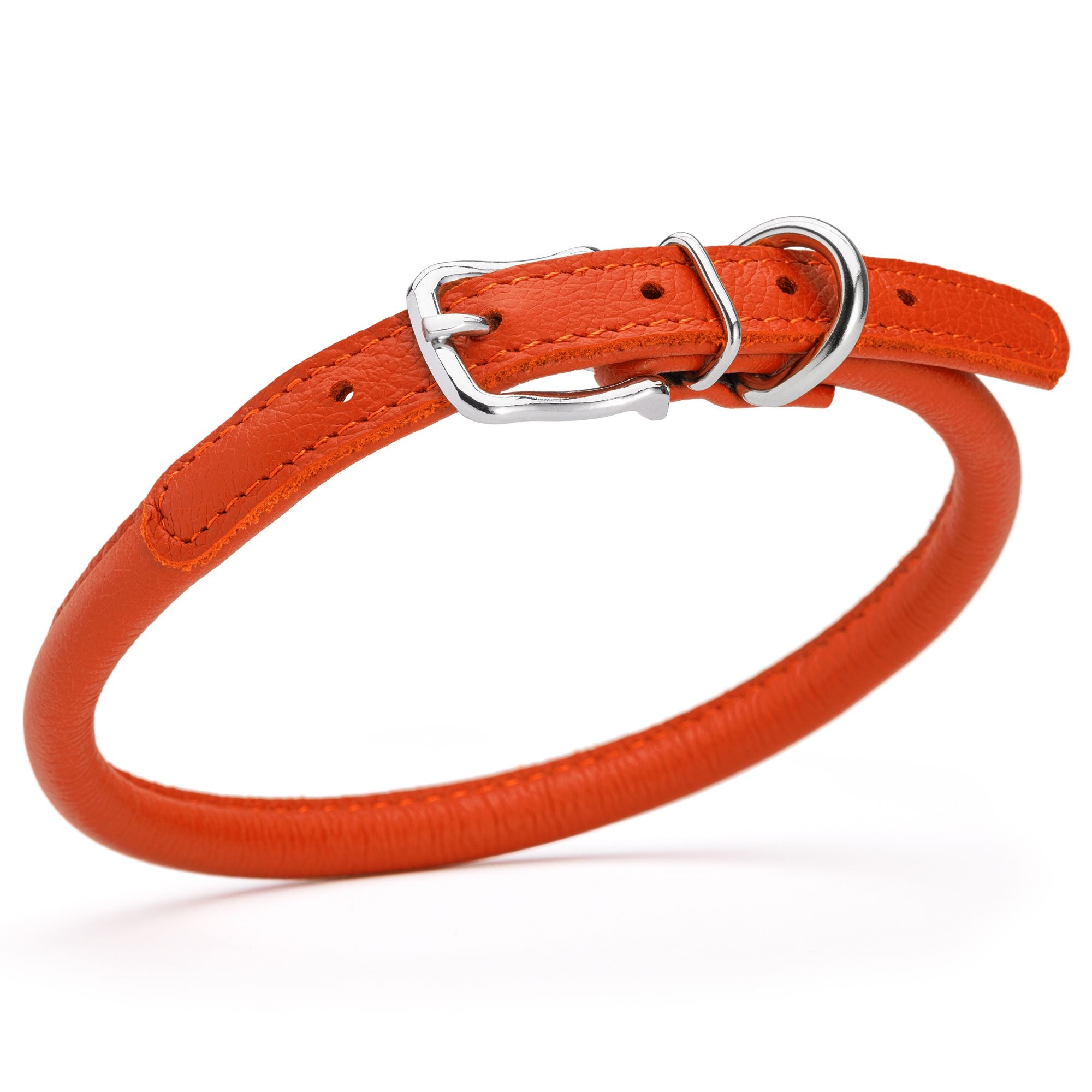 3/8 inch leather dog collar with metal buckle and D-ring, orange
