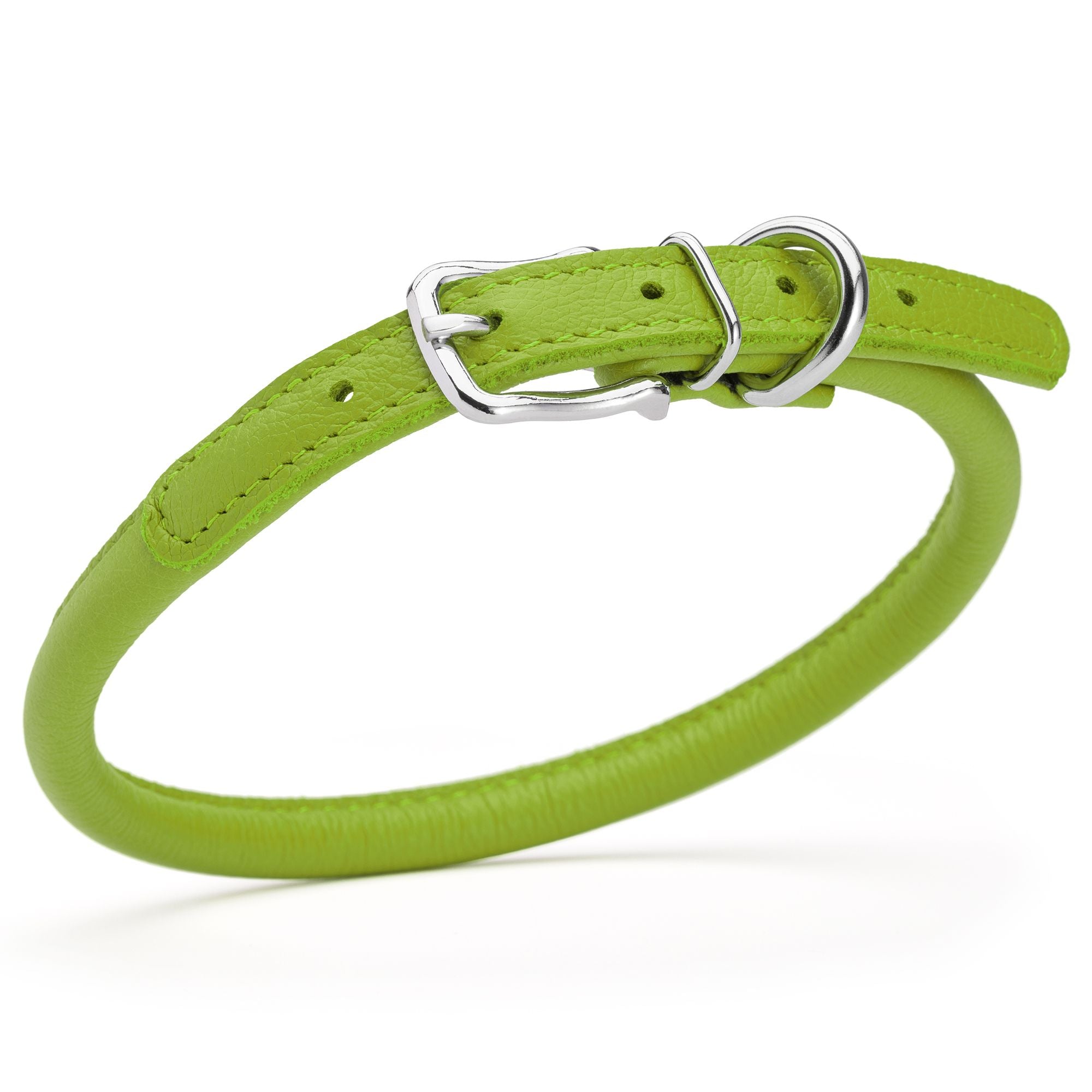 3/8 inch leather dog collar with metal buckle and D-ring, lime green