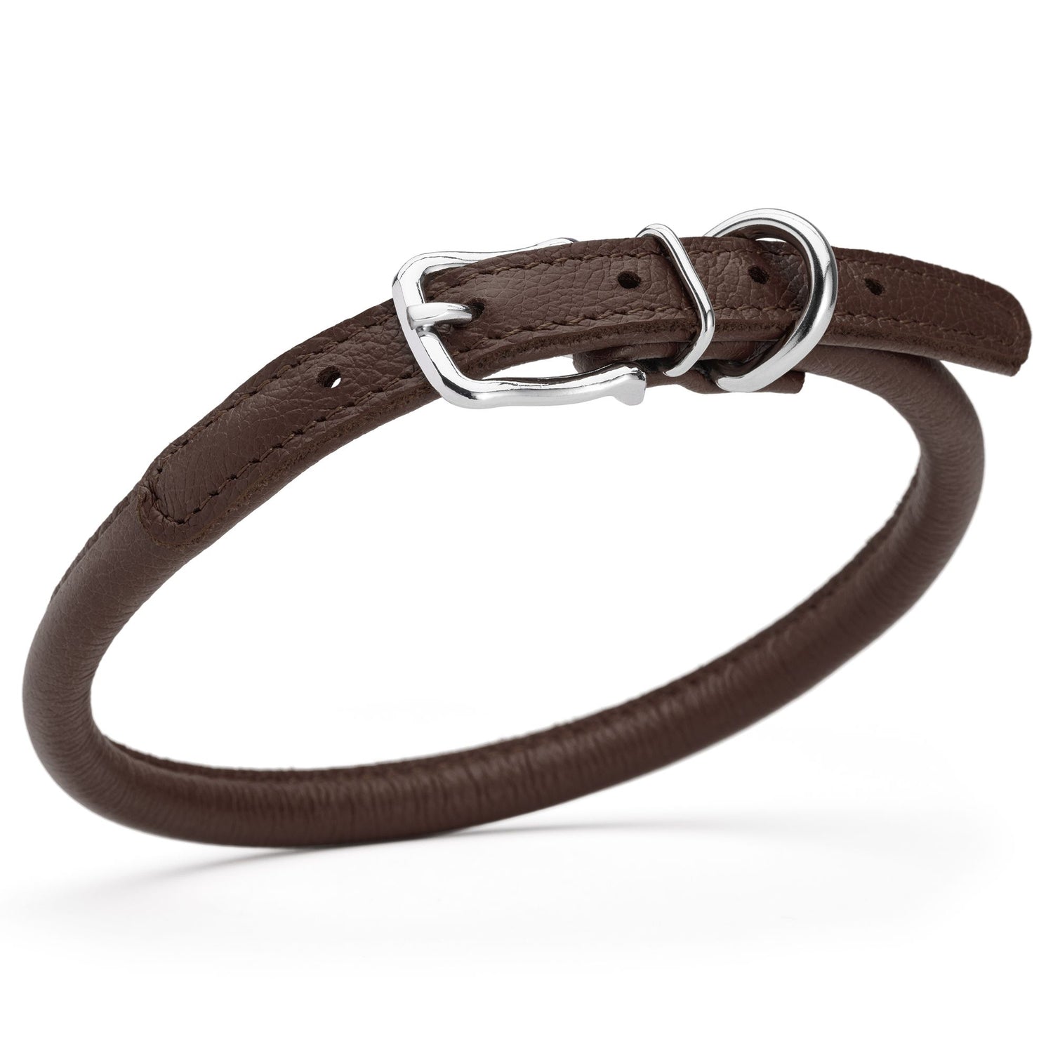 3/8 inch leather dog collar with metal buckle and D-ring, dark brown