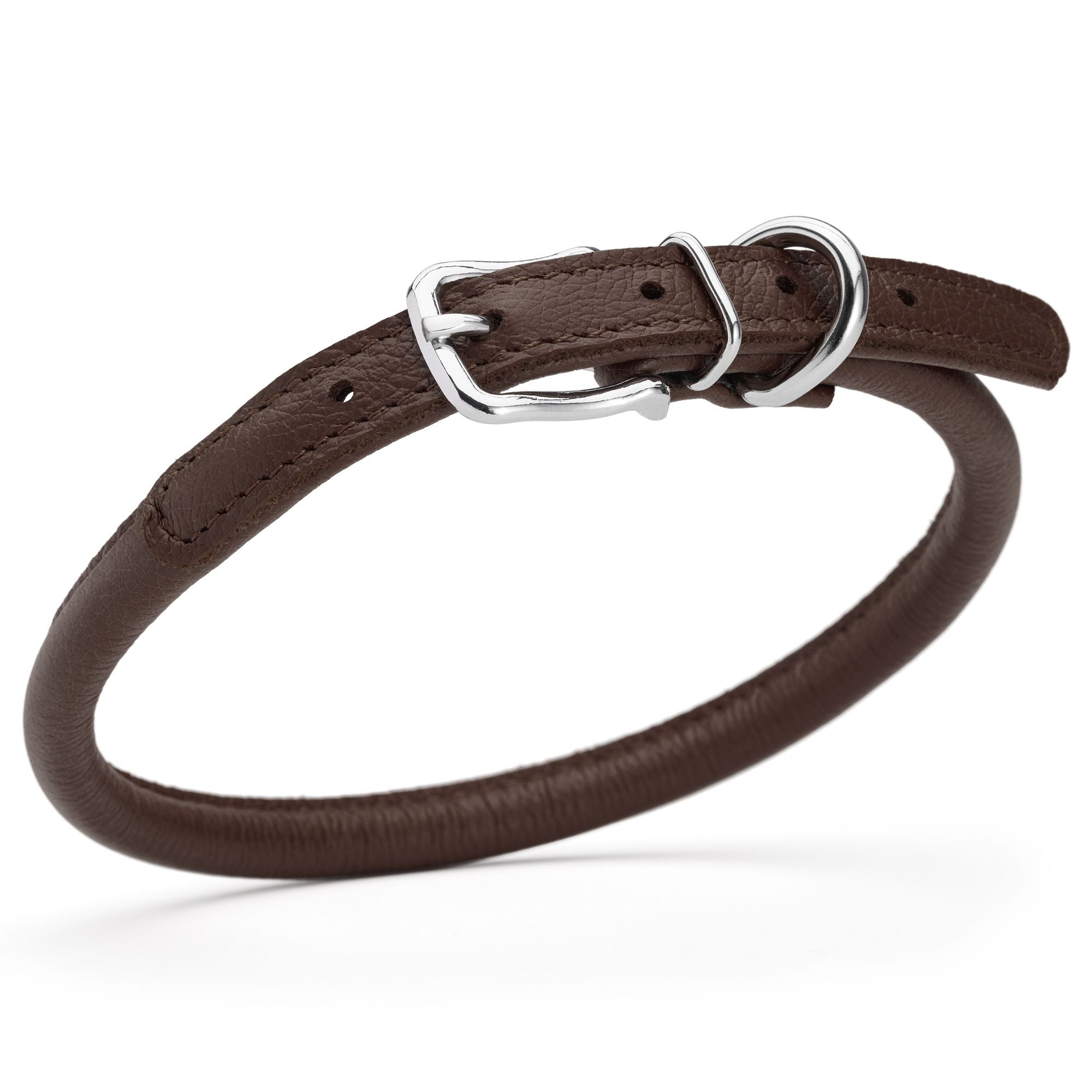 3/8 inch leather dog collar with metal buckle and D-ring, dark brown