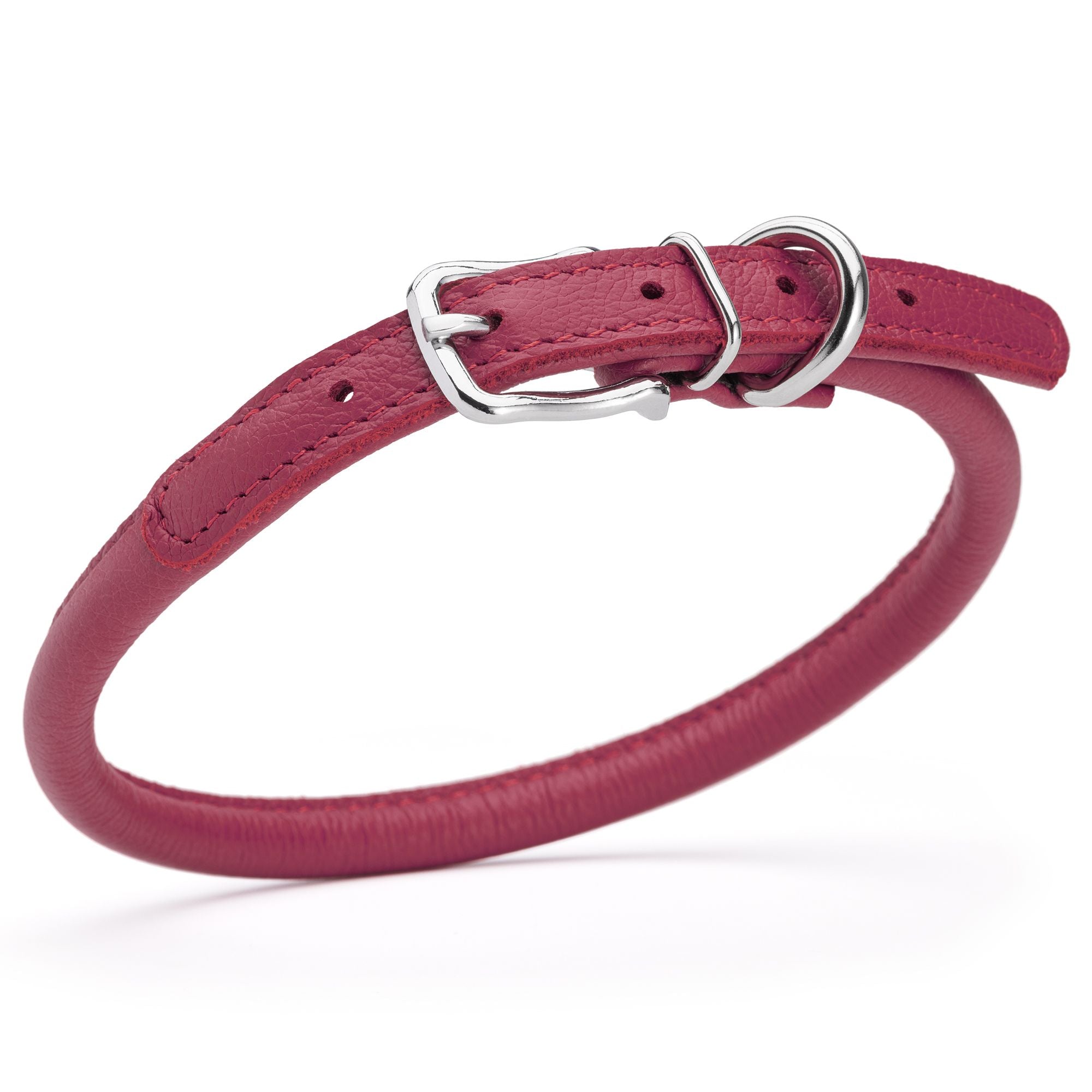 3/8 inch leather dog collar with metal buckle and D-ring, pink